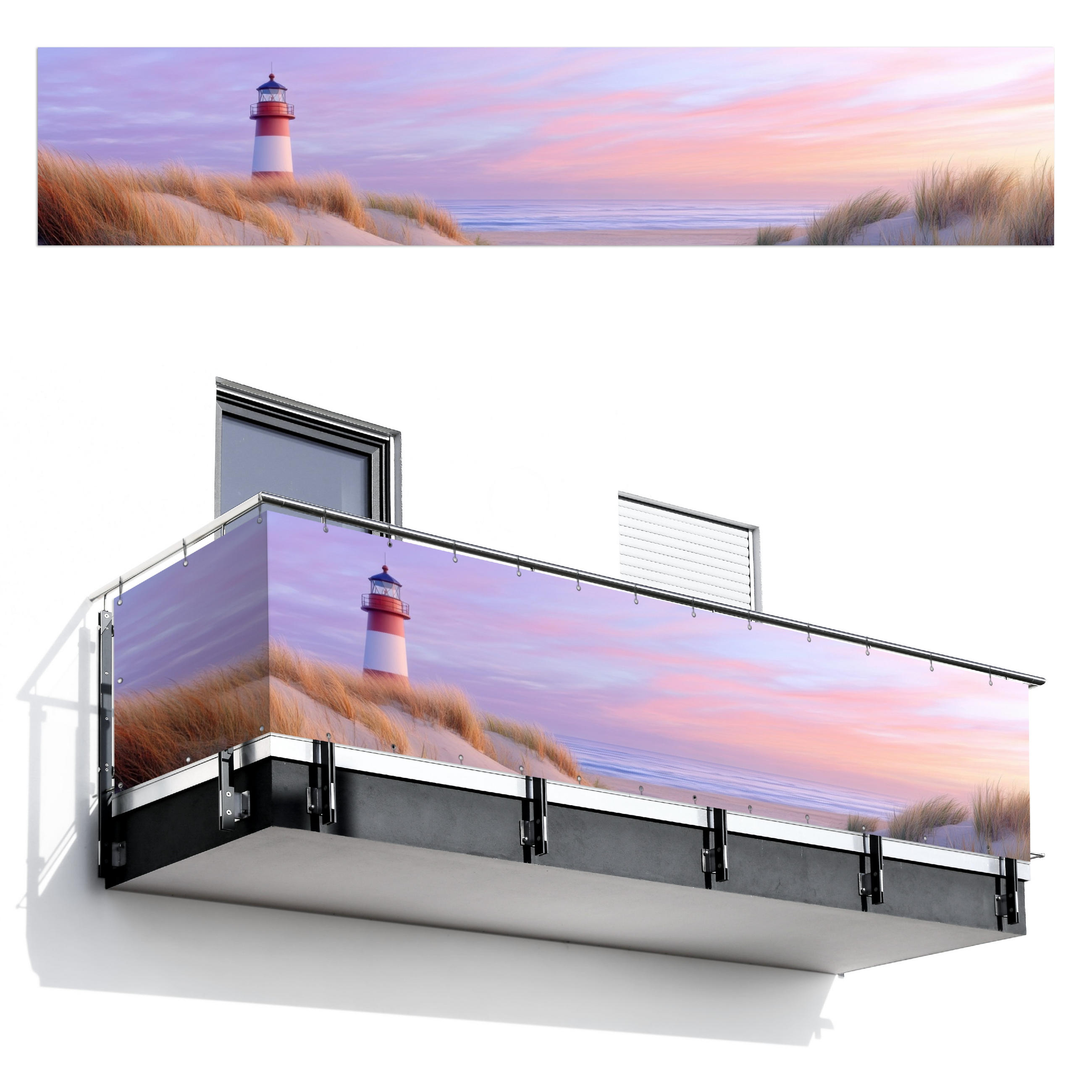BALKON-SICHTSCHUTZ Leuchtturm - Dünen - Sonnenuntergang 500x100 cm - Hellrosa, Kunststoff (500/100cm) - MuchoWow