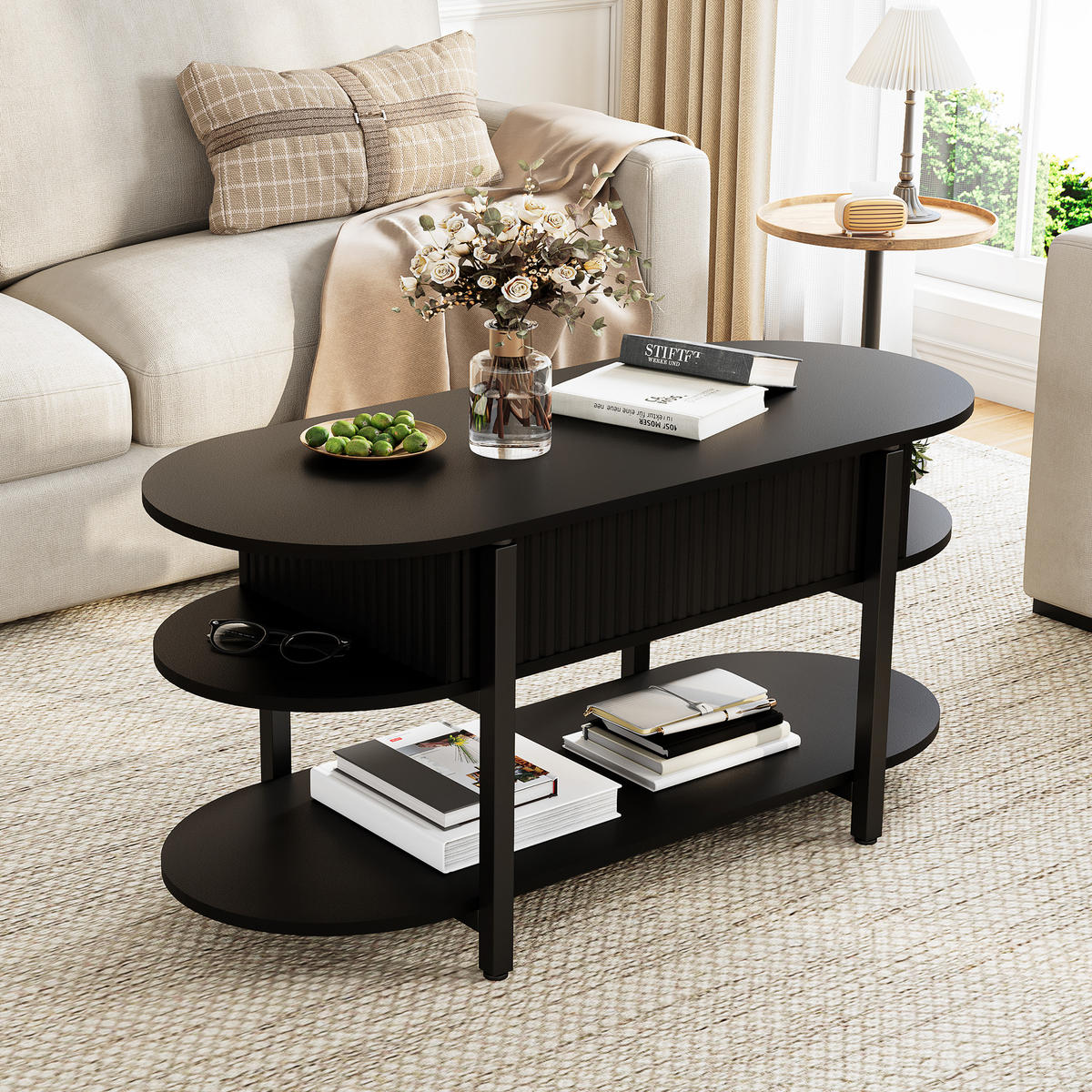 HÖHENVERSTELLBARER COUCHTISCH schwarz mit großem Stauraum - Schwarz, Holz (106/38/50cm) - SHOPENTRA