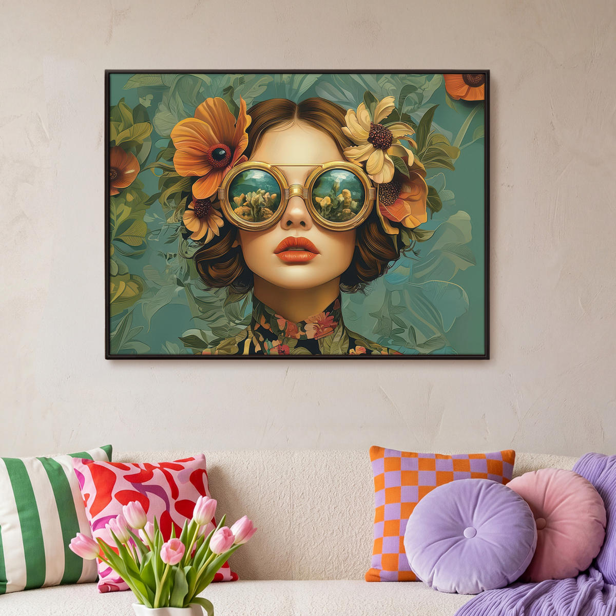 LEINWAND Bilder mit Rahmen - Frau - Blumen - Schmetterlinge - Natur - Vintage - 100x70 - Salbeigrün, Textil (100/70cm) - MuchoWow