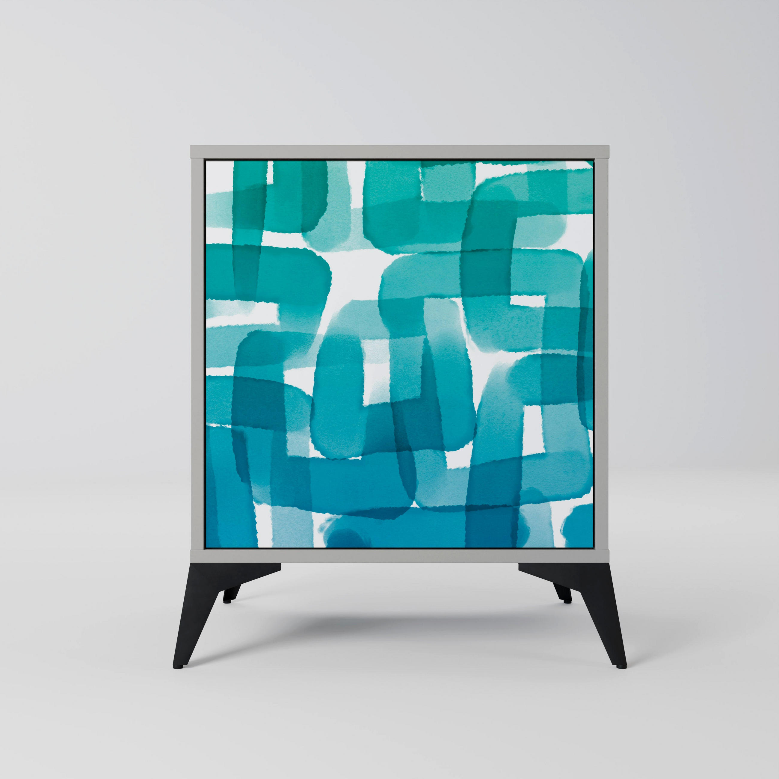 SIDEBOARD TURQUOISE RECTANGLES, Grau, 57,5x42x70,5 cm, Schwarze Metall-Sternfüße - Multicolor/Schwarz, Holzwerkstoff/Metall (57.5/70.5/42cm) - SpaceRebels