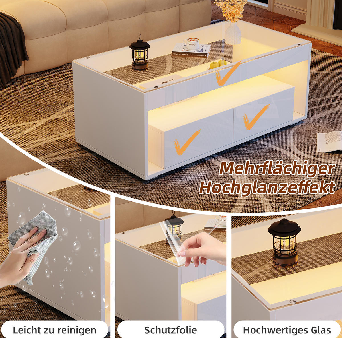 COUCHTISCH aus Spanplatte und Glas 100x50x40 cm in Weiß mit LED - Weiß, Holzwerkstoff (100/50/40cm) - Modfu