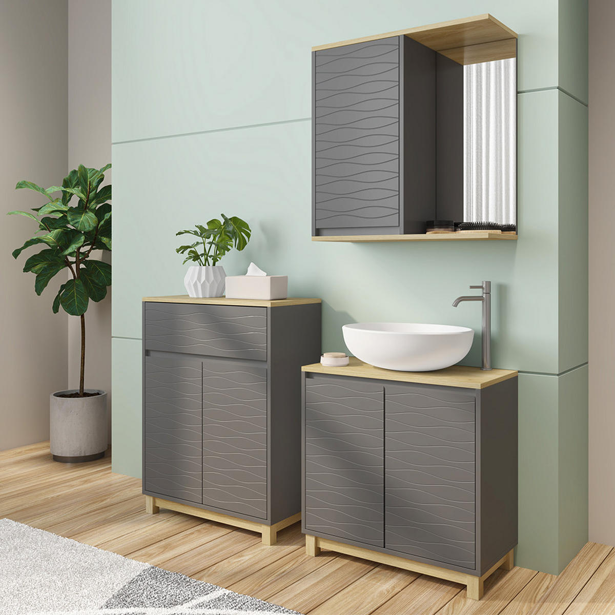 BADMÖBEL-SET Livia Anthrazit/Eiche 3 Teile, mit Badregal - Eichefarben/Anthrazit, Holzwerkstoff (60/60/30cm) - Vicco