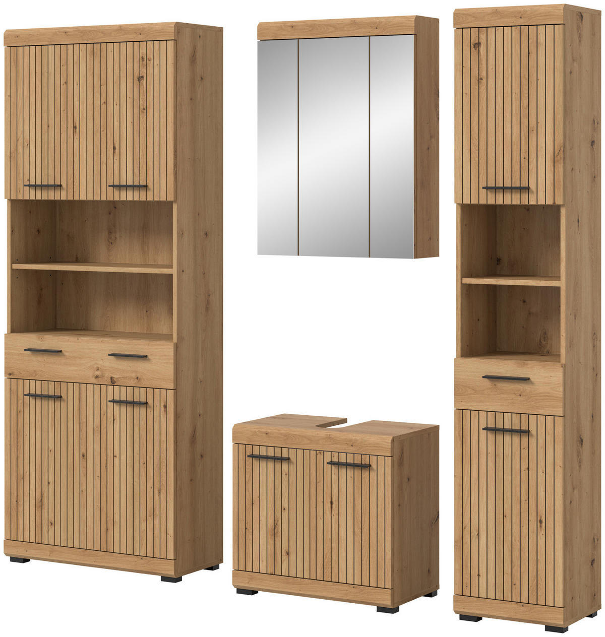 BADMÖBEL-SET Eiche Artisan 200 x 191 cm 4-teilig, Komplettset mit viel Stauraum - Schwarz/Eiche Artisan, Glas/Holzwerkstoff (201/191/34cm) - Inn.Furn