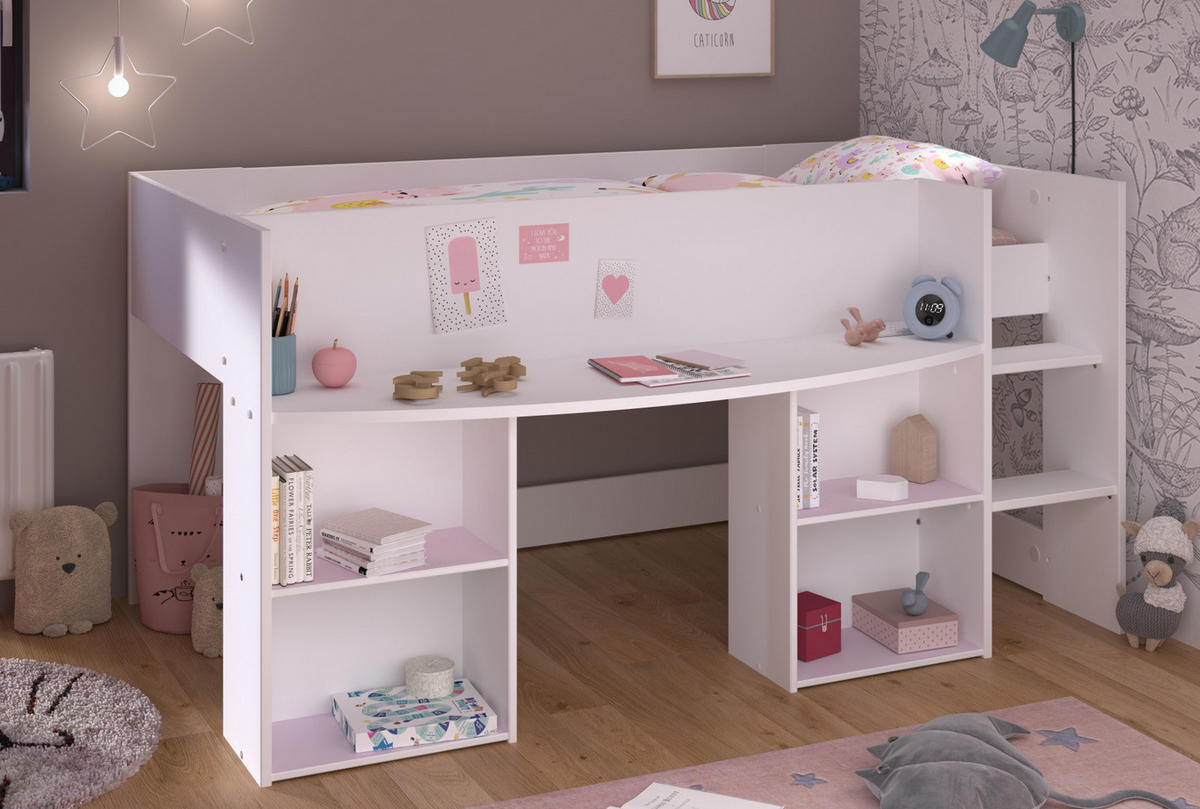 HOCHBETT Bett 90 x 200 cm mit Stauraum und Bastelfläche - Weiß/Kieferfarben, Holzwerkstoff (90/200cm) - Parisot Meuble