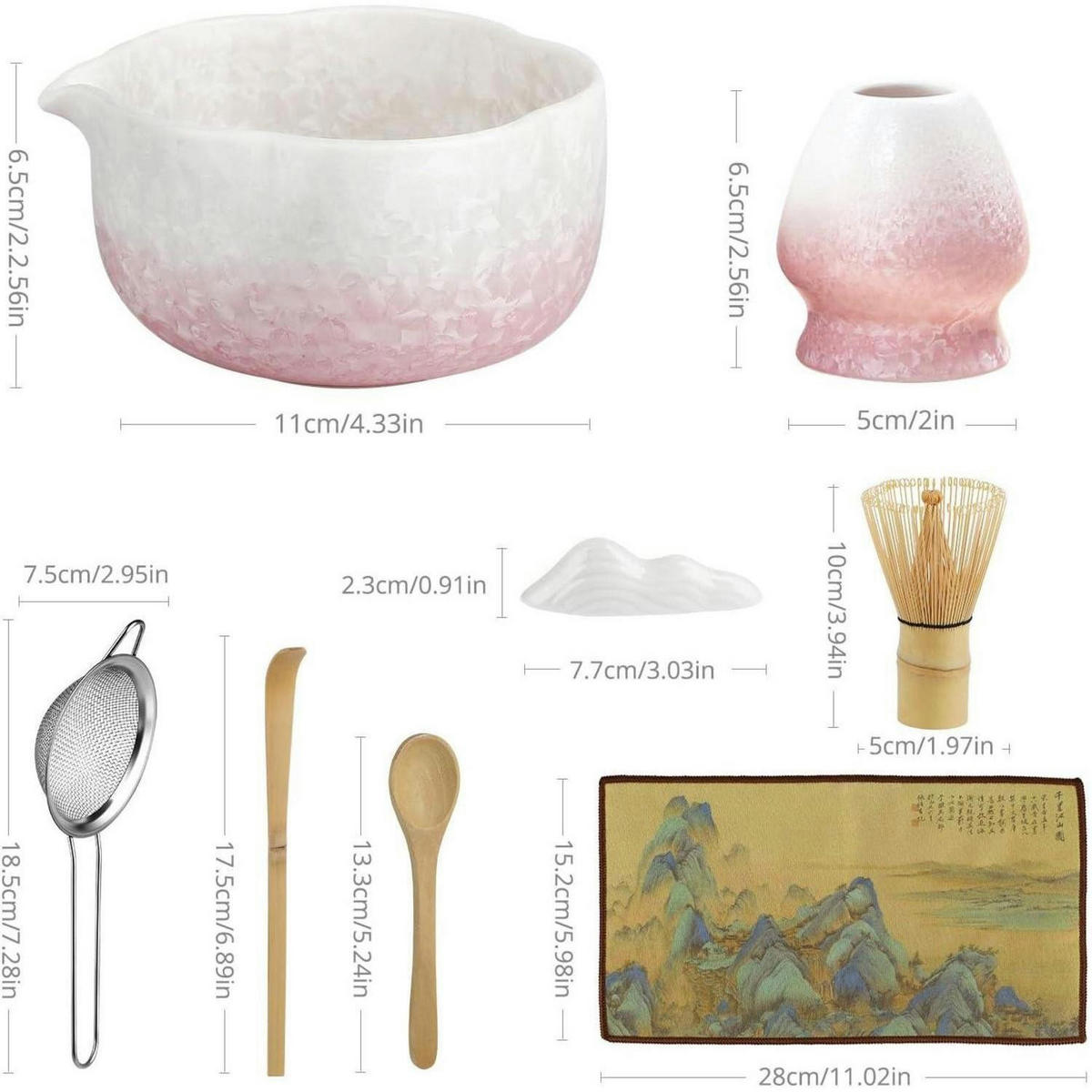 MATCHA Set 8-teiliges Set mit Schale, Besen und Löffel - Rosa, Keramik (15.2/10/28cm)