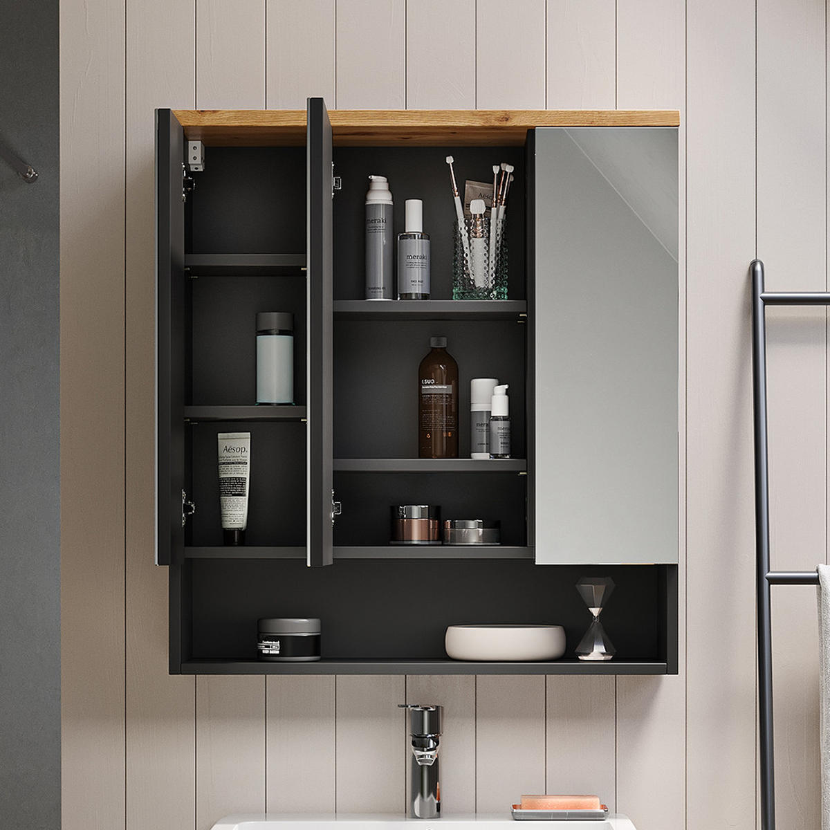 BADSPIEGELSCHRANK Eden Anthrazit 70 x 77.5 cm - Anthrazit/Eiche Artisan, Holzwerkstoff (70/77.5/21.7cm) - Vicco