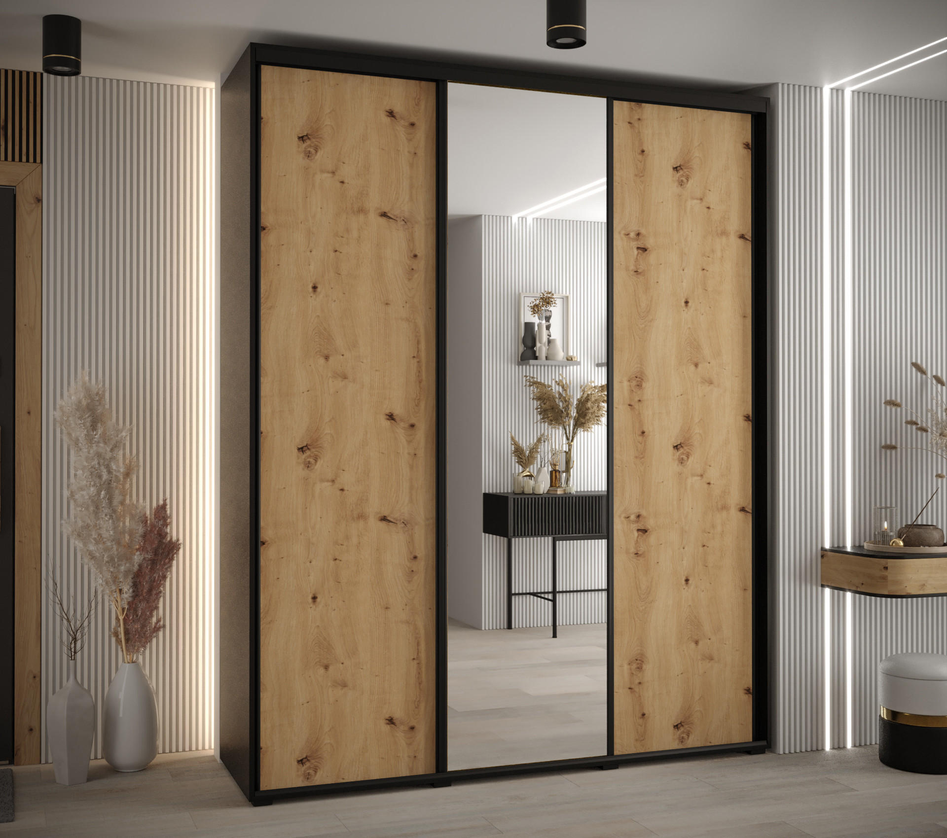 SCHWEBETÜRENSCHRANK 235,2/200/60 3-türig - Schwarz/Eiche Artisan, Holz/Metall (200/235/60cm) - Abiks Möbel