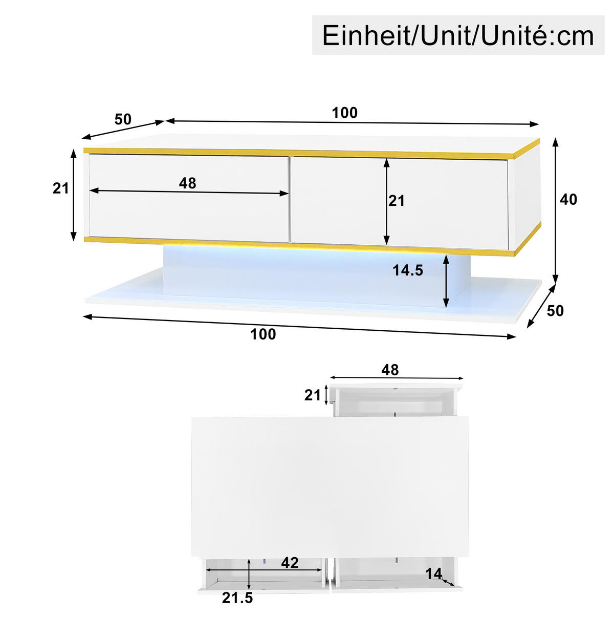 KONFERENČNÍ stolek 100/50/40 cm bílý a zlatý z dřevotřísky s LED osvětlením a 3 zásuvkami - bílá, kompozitní dřevo (100/50/40cm) - OKWISH