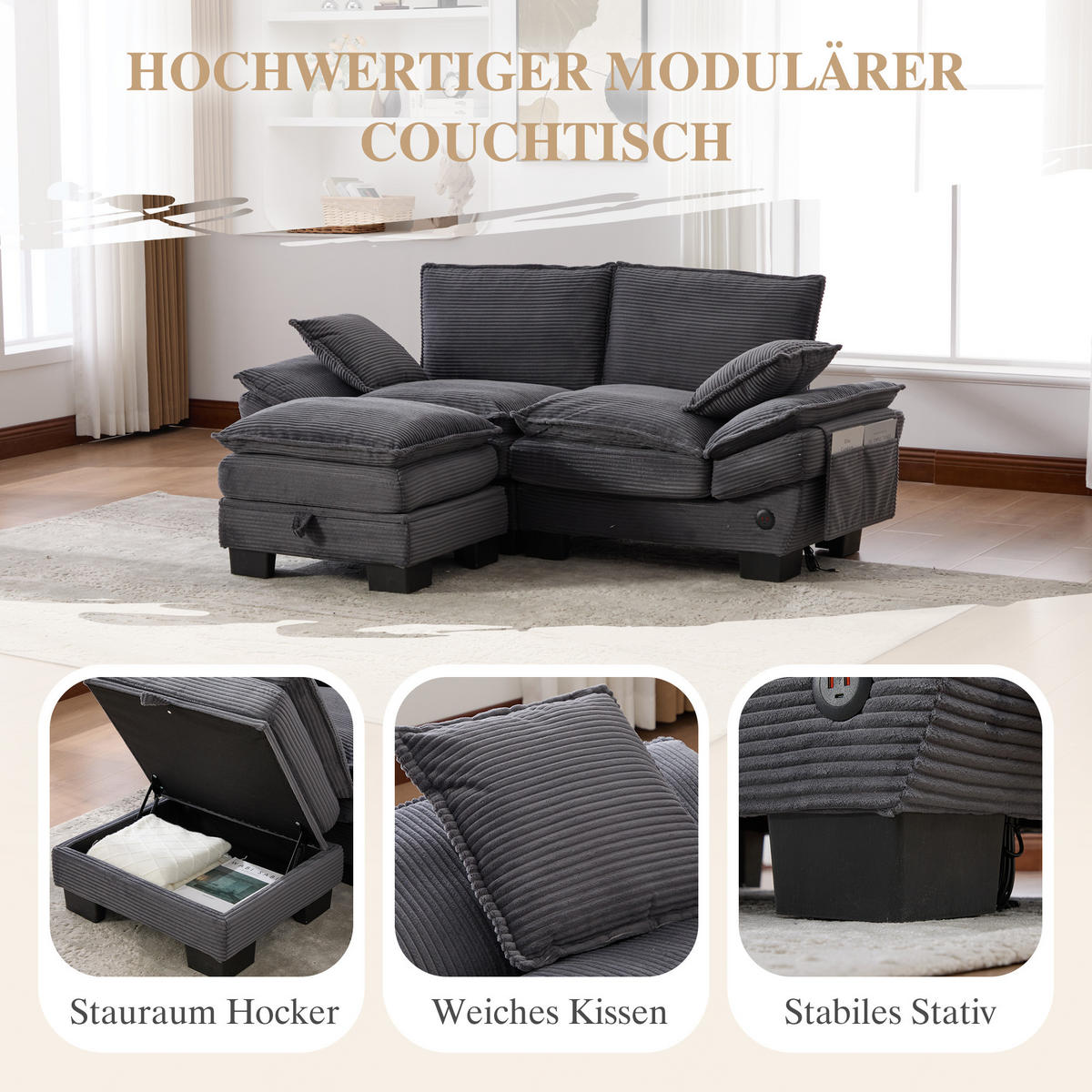 2-SITZER SOFA Cord Dunkelgrau mit Hocker, USB-C und Seitentaschen - Dunkelgrau, Holzwerkstoff/Kunststoff (190/132cm) - WISHDOR