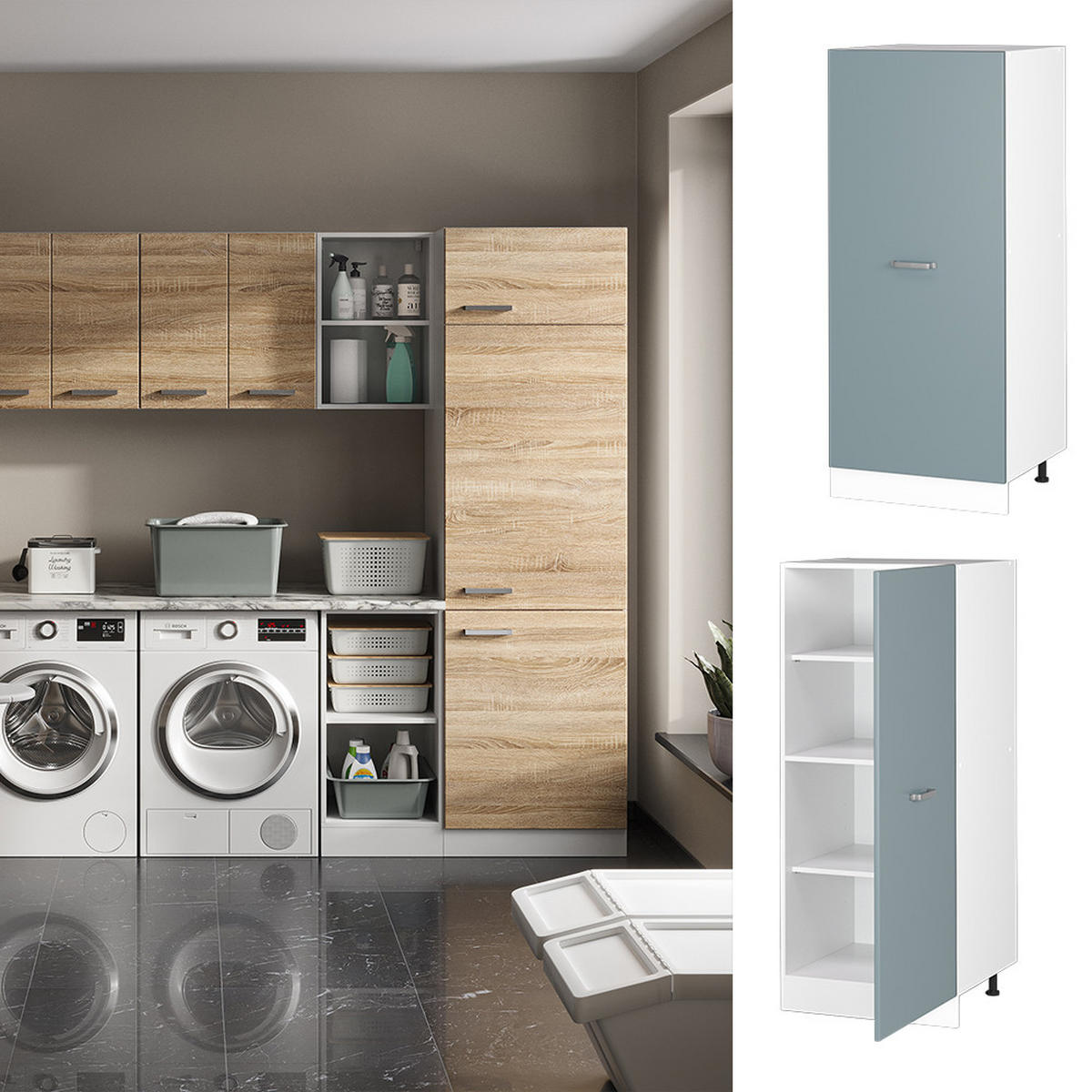 HOCHSCHRANK R-Line Blau-Grau 60 cm mit offenen Regalen, und Tür - Blaugrau/Weiß, Holzwerkstoff (60/143/57.2cm) - Vicco
