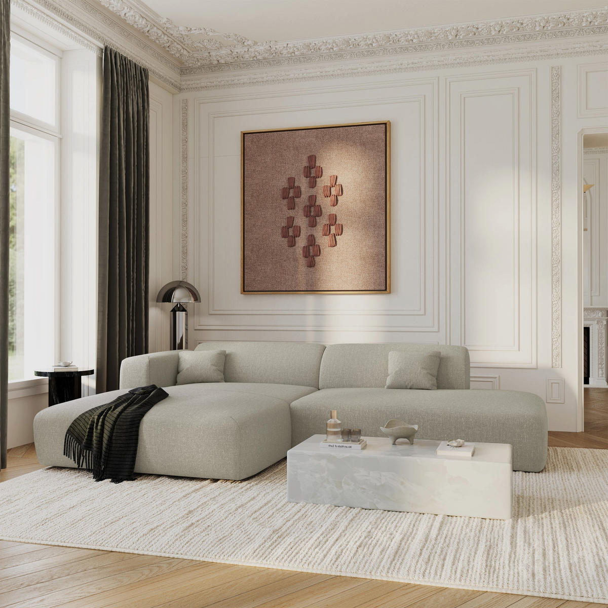 ECKSOFA LINKS Rastergewebe Beige 310cm - Beige, Textil (300/96cm) - Sia Home