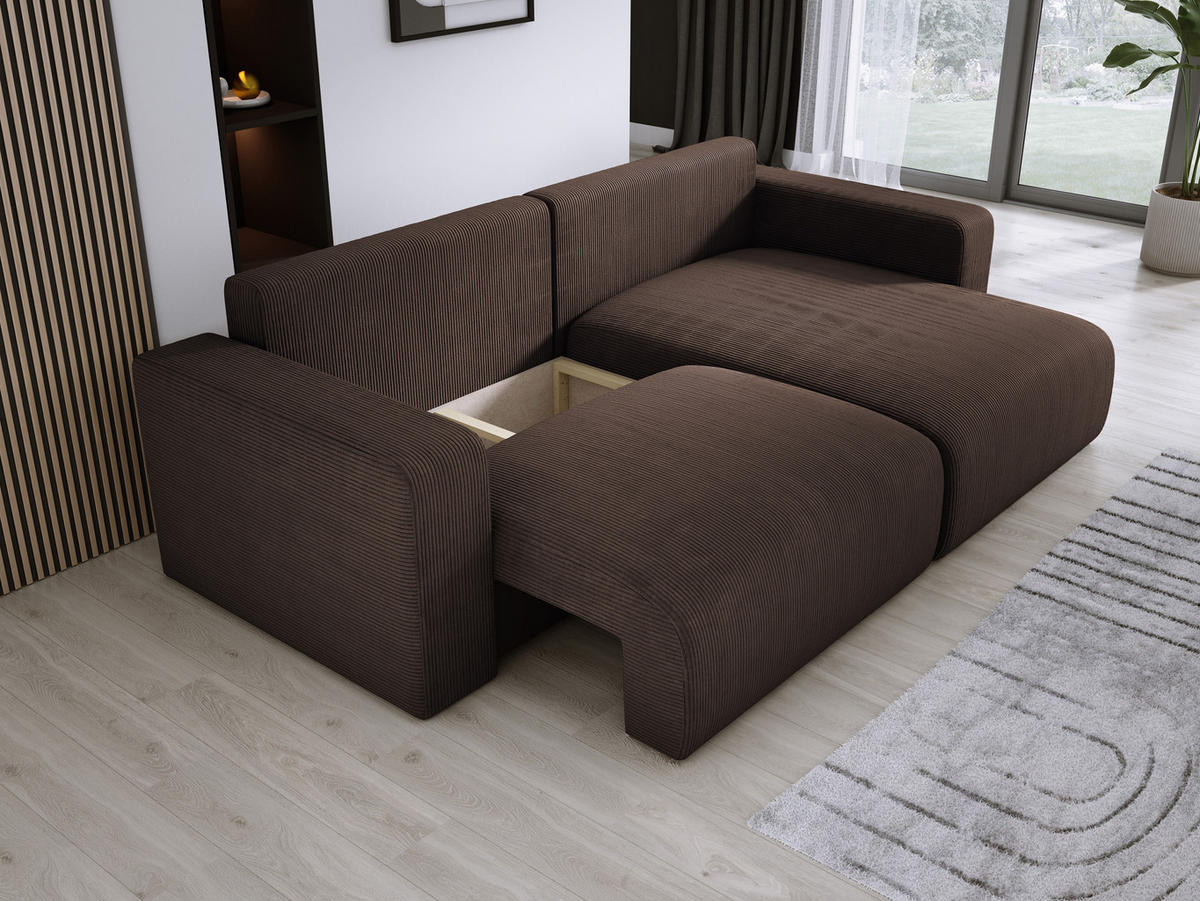 ECKSOFA Carl L-förmig Schlaffunktion und Bettkasten weicher Cordstoff flexibel stellbar lose Rückenkissen freistehend RECHTS 247x143x83cm Dark brown - Dunkelbraun, Holz/Textil (247/143cm) - DomoHome