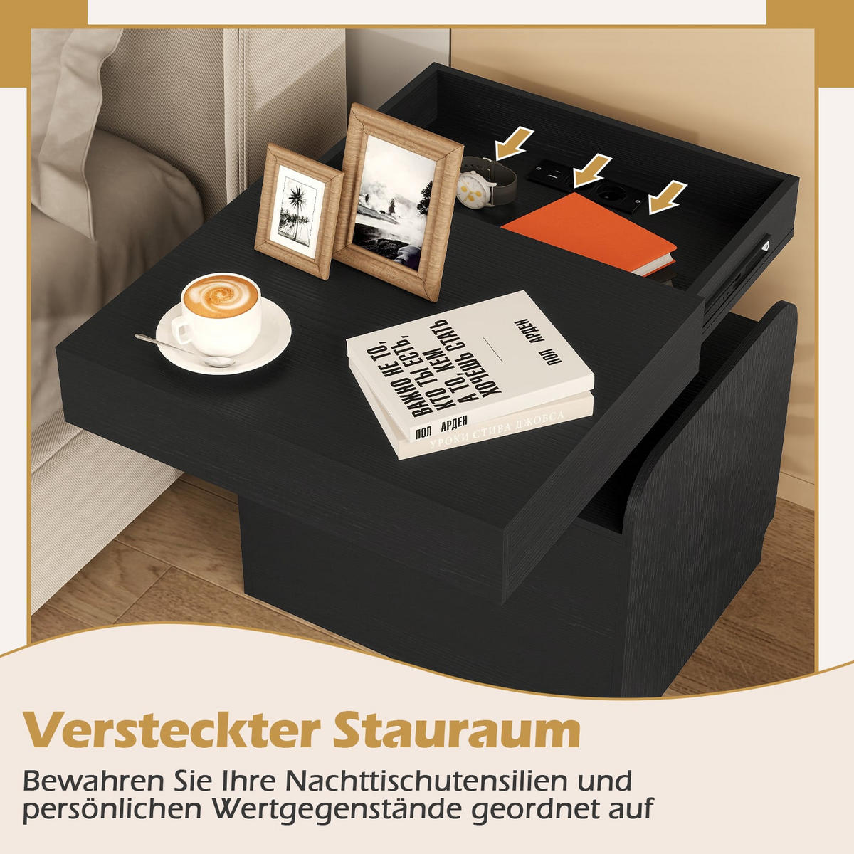 NACHTTISCH mit integrierter Ladestation, Schublade und offenen Fächern, Schwarz - Schwarz, Holzwerkstoff/Metall (50/55/40cm) - DESIGN IN