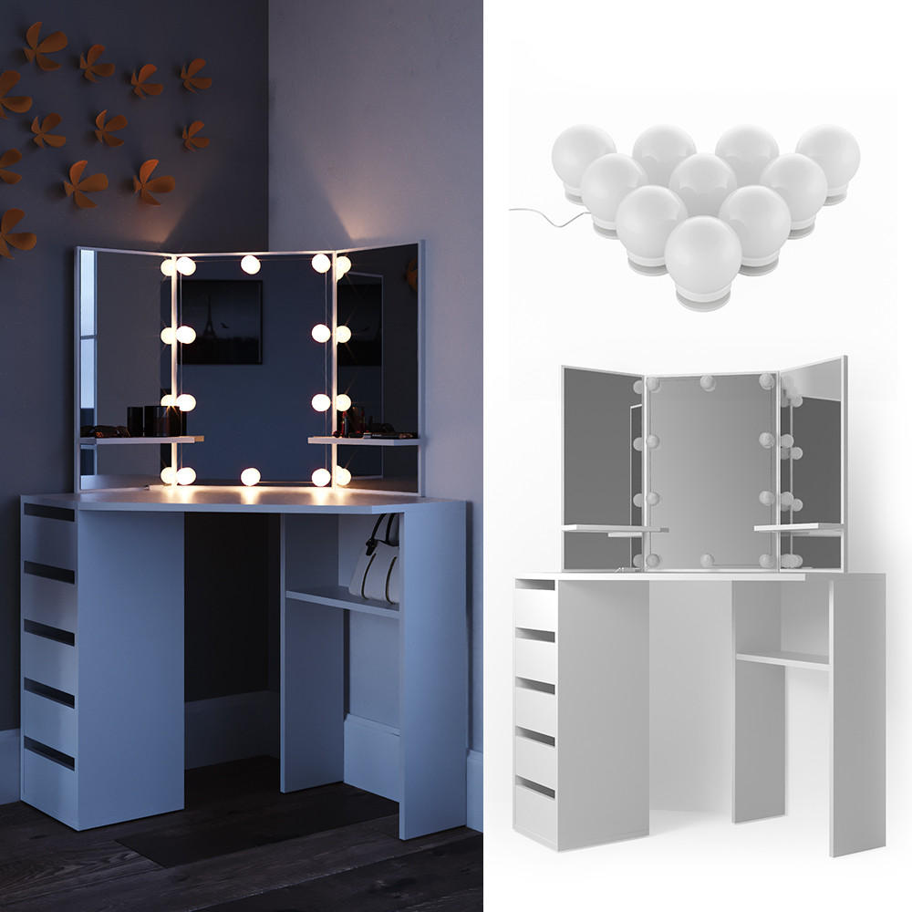 ECKSCHMINKTISCH Arielle Weiß 110 cm mit LED Beleuchtung - Weiß, Holzwerkstoff (110/141.5/54cm) - Vicco