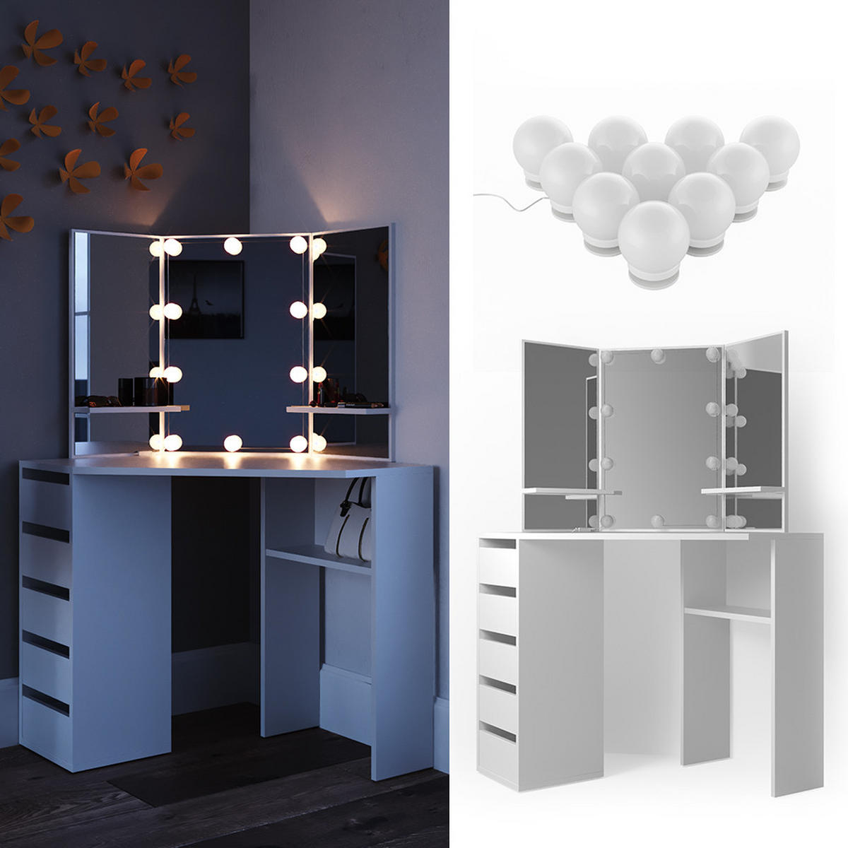 ECKSCHMINKTISCH Arielle Weiß 110 cm mit LED Beleuchtung - Weiß, Holzwerkstoff (110/141.5/54cm) - Vicco