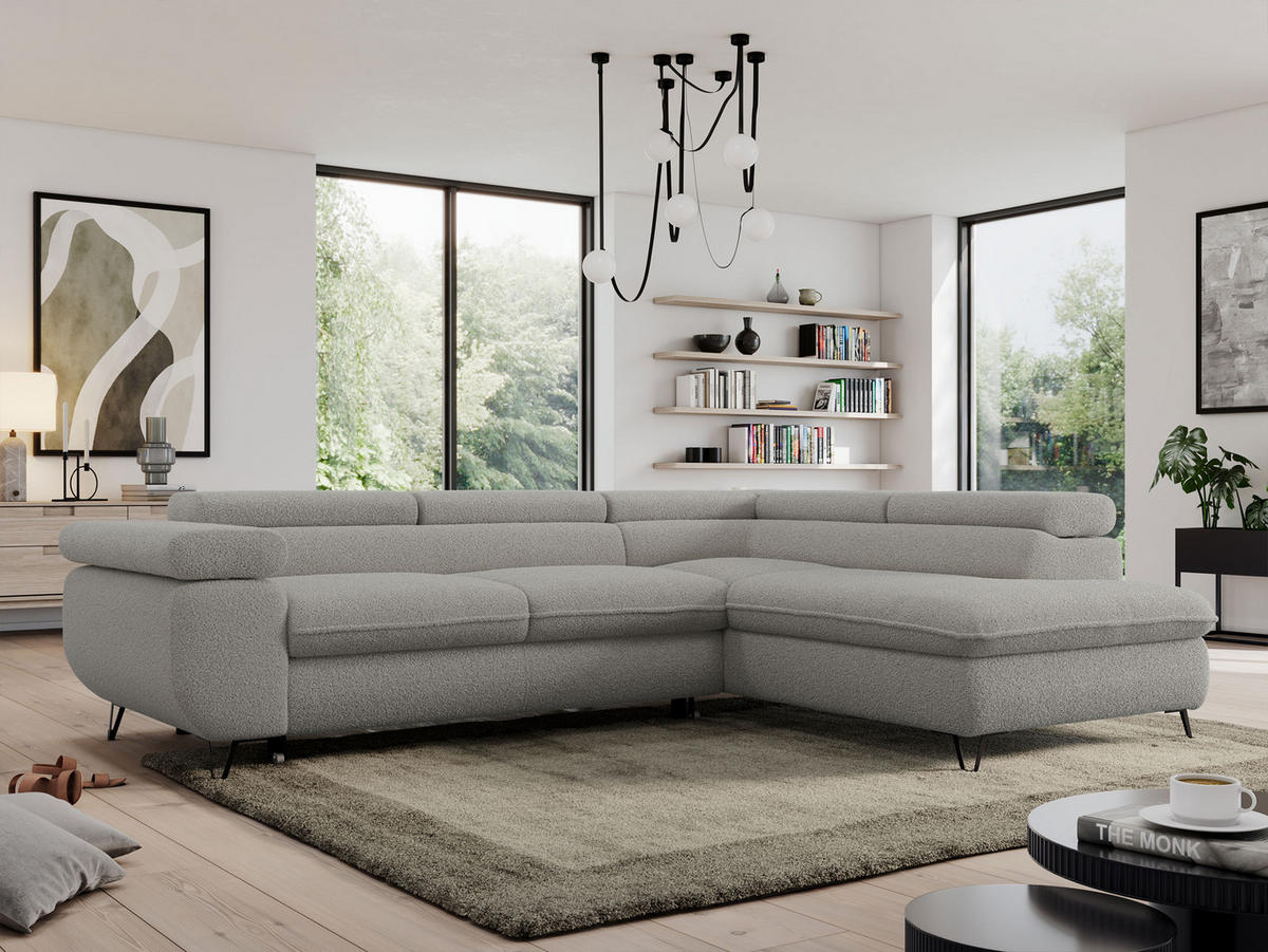 ECKSOFA PEDRO L Hellgrau Boucle - Rechts Seite - Hellgrau/Schwarz, Textil/Metall (273/208cm) - MKS