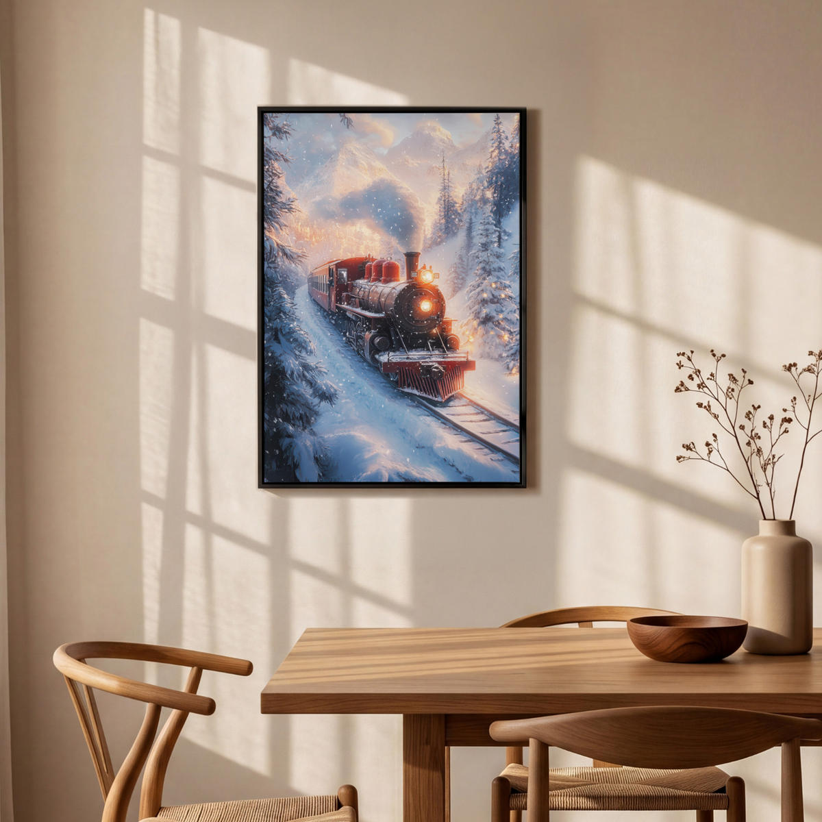 LEINWAND Bilder mit Rahmen - Weihnachtszug - Schnee - Winter - Weihnachten - 60x90 - Dunkelrot, Textil (60/90cm) - MuchoWow
