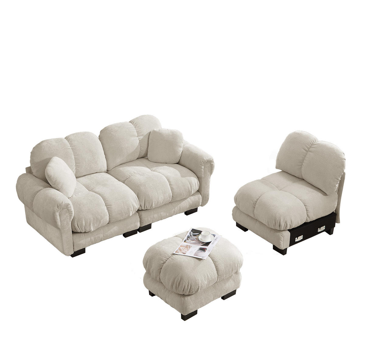 SOFA L-Form mit Hocker Chenille Hell Khaki - Hellbraun, Holz (149/260cm) - Meubliv