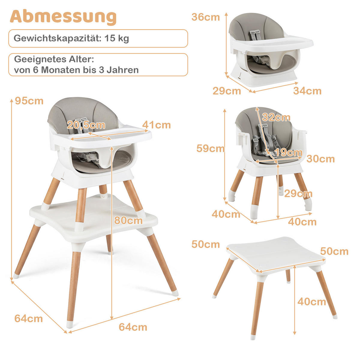 KINDERHOCHSTUHL mit Sitzerhöhung grau - Grau, Kunststoff (64/95/64cm) - COSTWAY