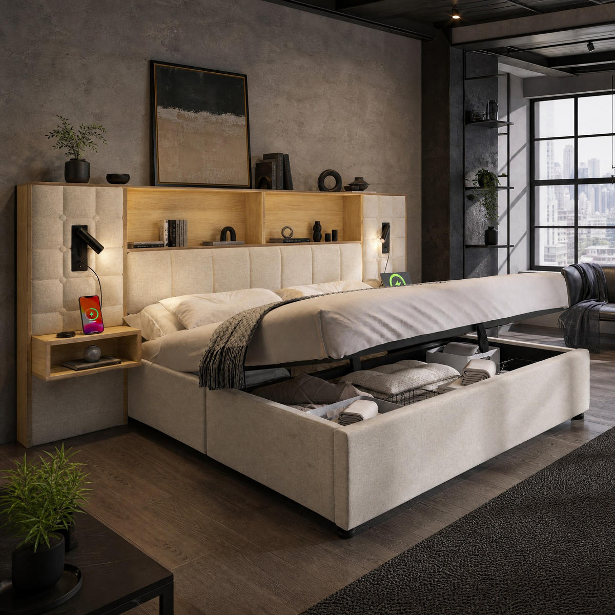POLSTERBETT 180/200 mit Stauraum, 2 Nachttischen und Lattenrost in Beige - Beige, Holzwerkstoff/Textil (160/200cm) - EVRYAE