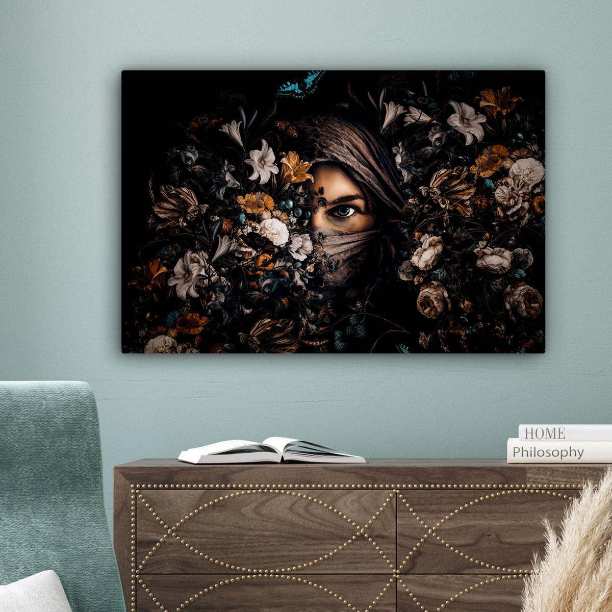 LEINWANDBILD Frau - Luxus - Blumen - Schmetterling - Porträt Gemälde 60x40 cm - Schwarz, Textil (60/40cm) - MuchoWow