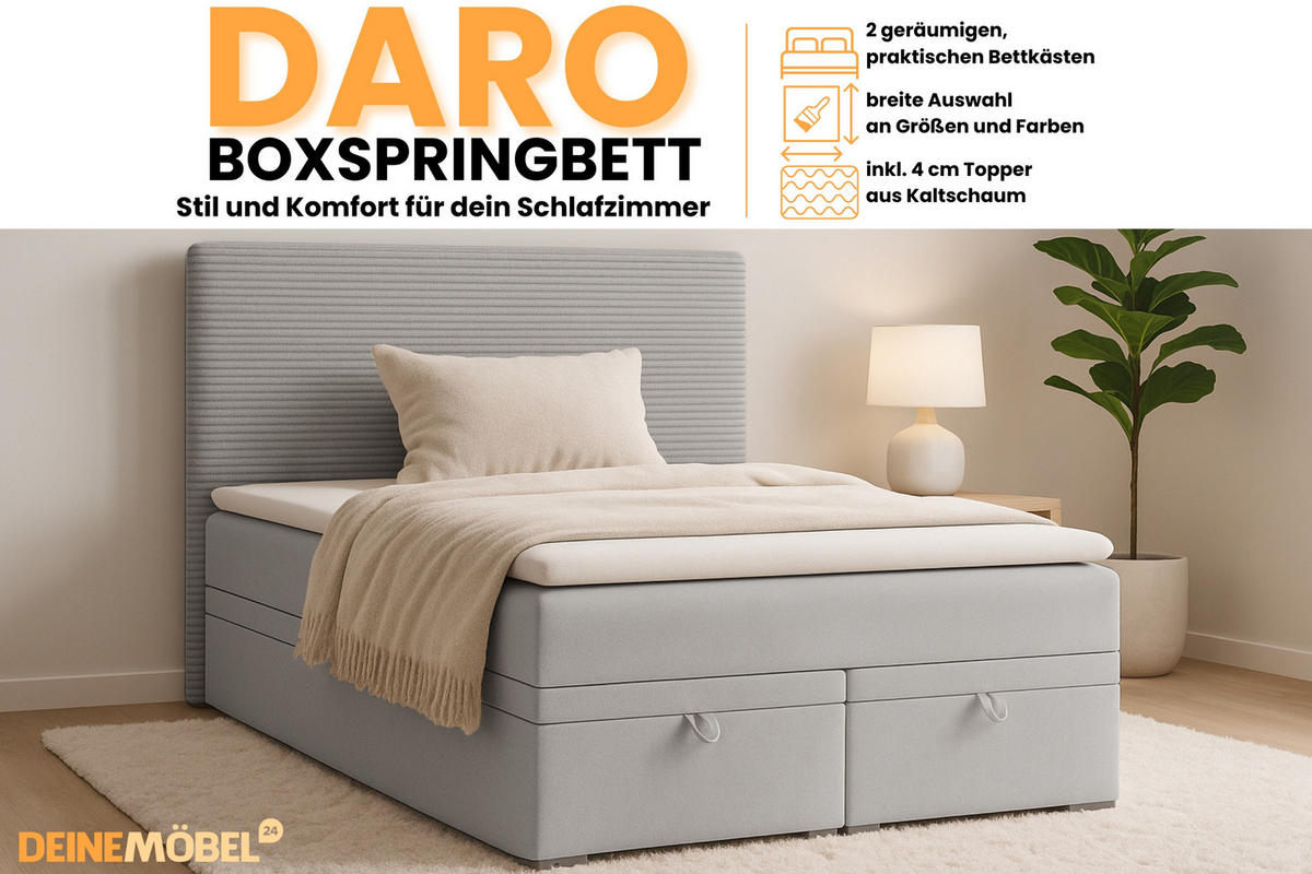 BOXBETT DARO 140/200 in Velour/Cord Hellgrau - Hellgrau, Holz/Holzwerkstoff (140/200cm) - Deine Möbel 24
