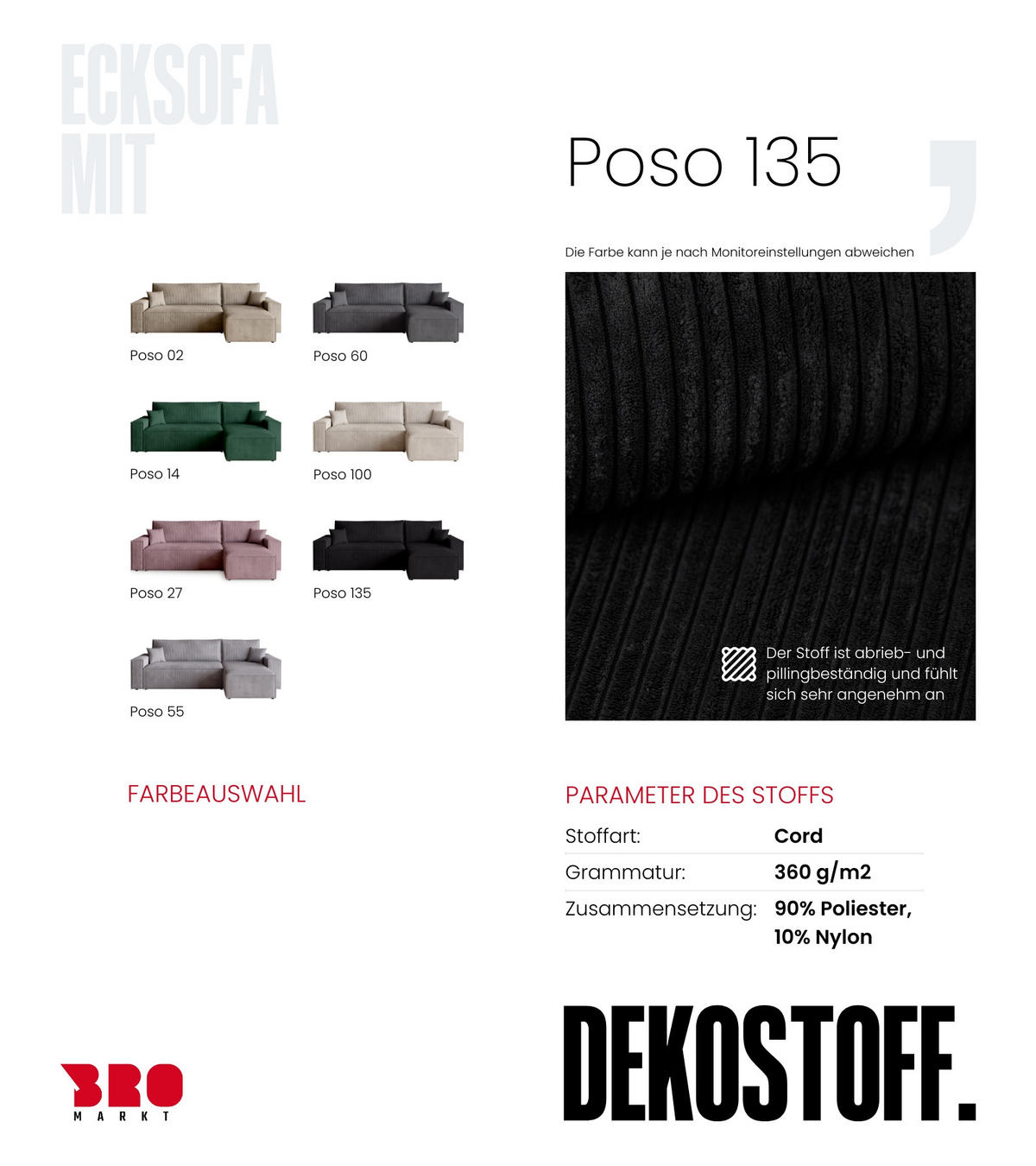 ECKSOFA ADI mit Schlaffunktion Schwarz Cord - Schwarz, Textil (244/143cm) - Bromarkt