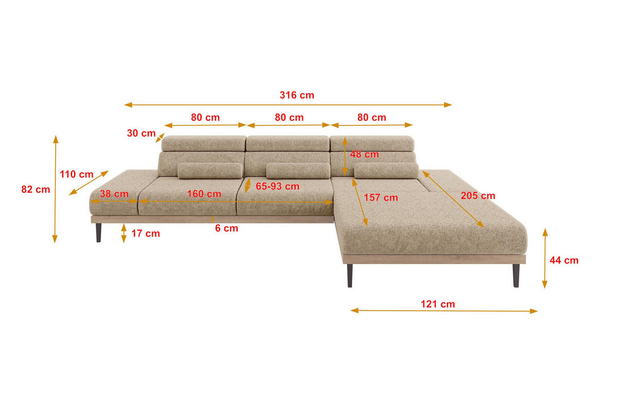 ELEKTRISCHES ECKSOFA Rechts MONA 316x205x85 Braun Velours - Braun, Holzwerkstoff/Textil (316/205cm) - ALTDECOR