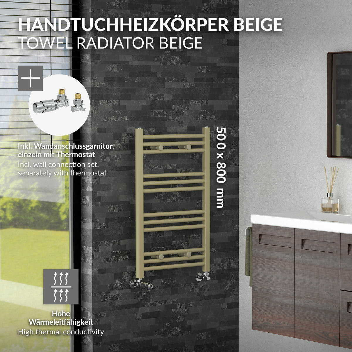 HANDTUCHHEIZKÖRPER 500 x 800 mm Beige mit Thermostatventil Badheizkörper gerade mit Seitenanschluss - Beige, Metall (50/80/3cm) - LuxeBath