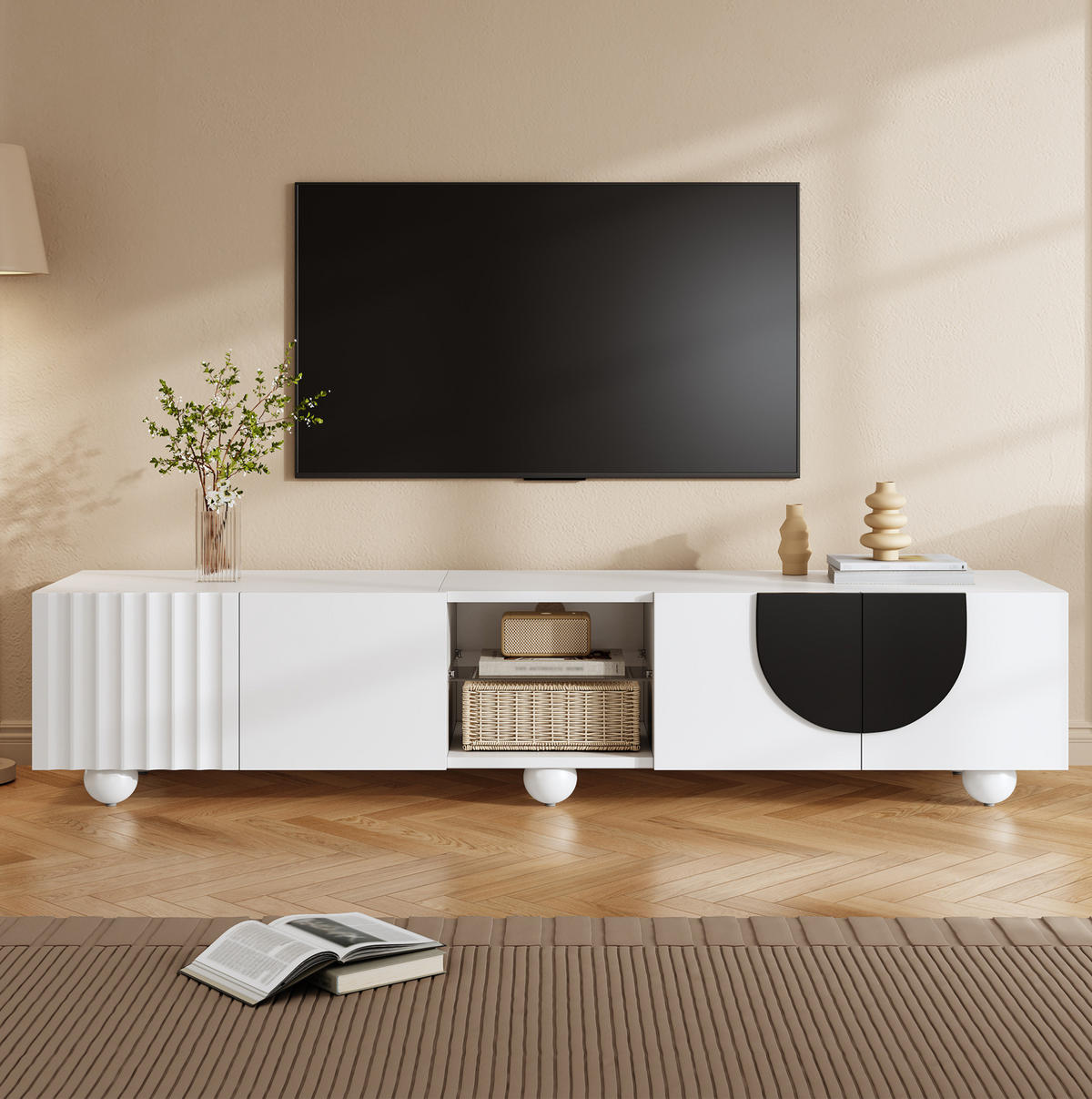 TV ormarić 180/40/41,5 cm bijeli s crnim detaljima od MDF-a i iverice s push-to-open vratima - bijela, drvni materijal (180/41.5/40cm) - OKWISH