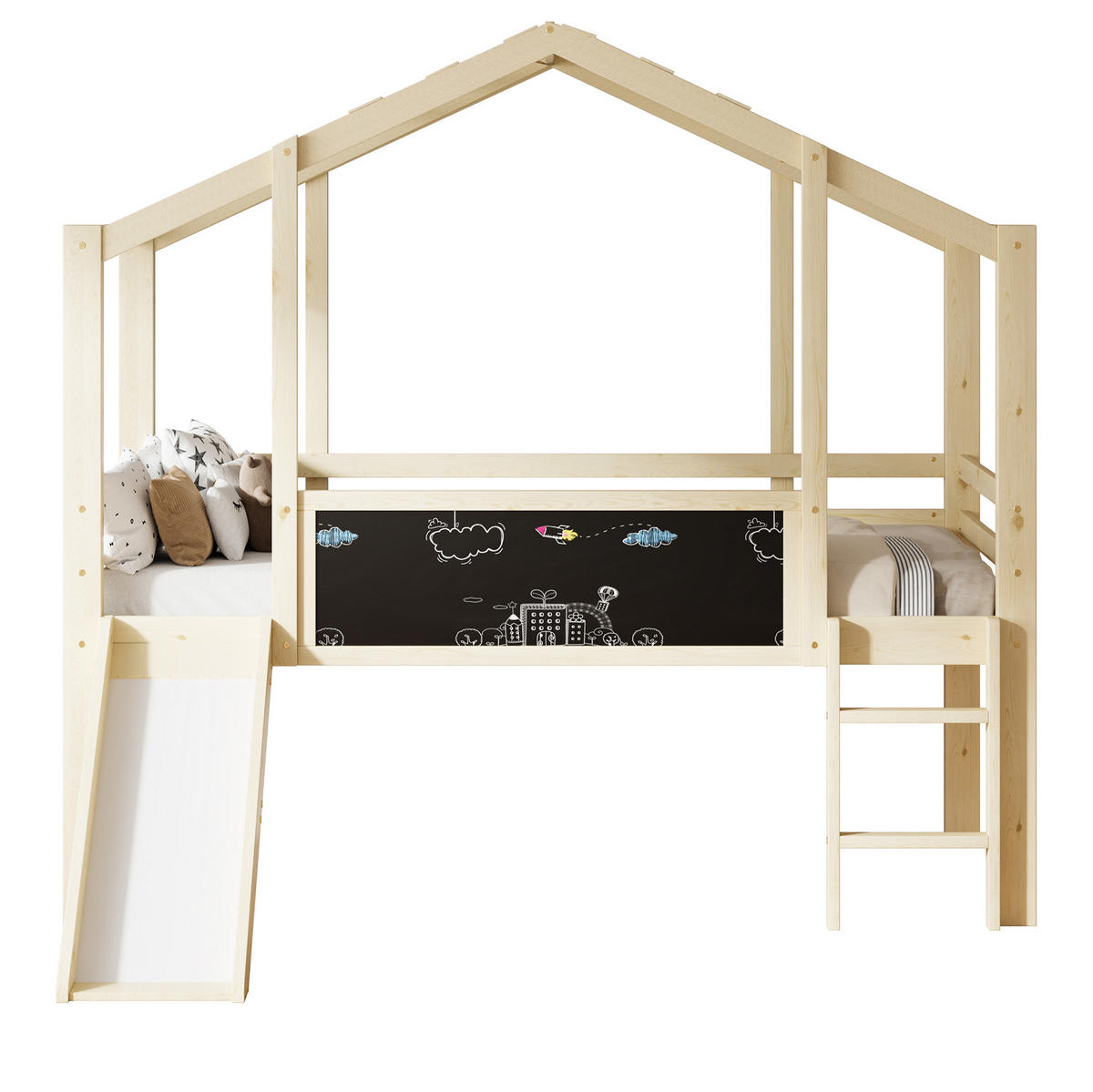 HOCHBETT 90/200 cm Hausstil mit Rutsche und Tafel, Holzfarbe - Naturfarben, Holz (90/200cm) - MIVRAY