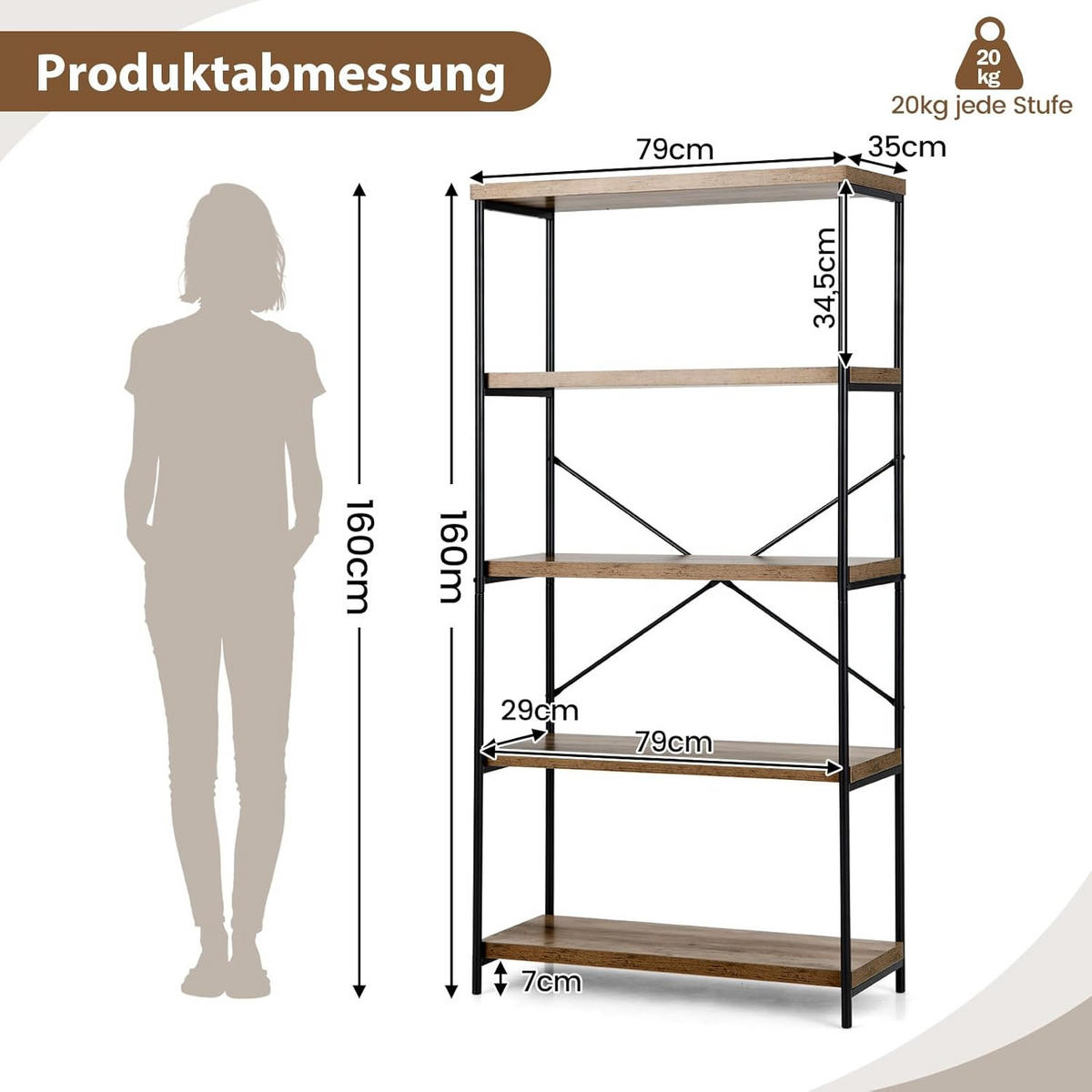 BÜCHERREGAL Braun - Braun, Holz (35/160/79cm) - COSTWAY