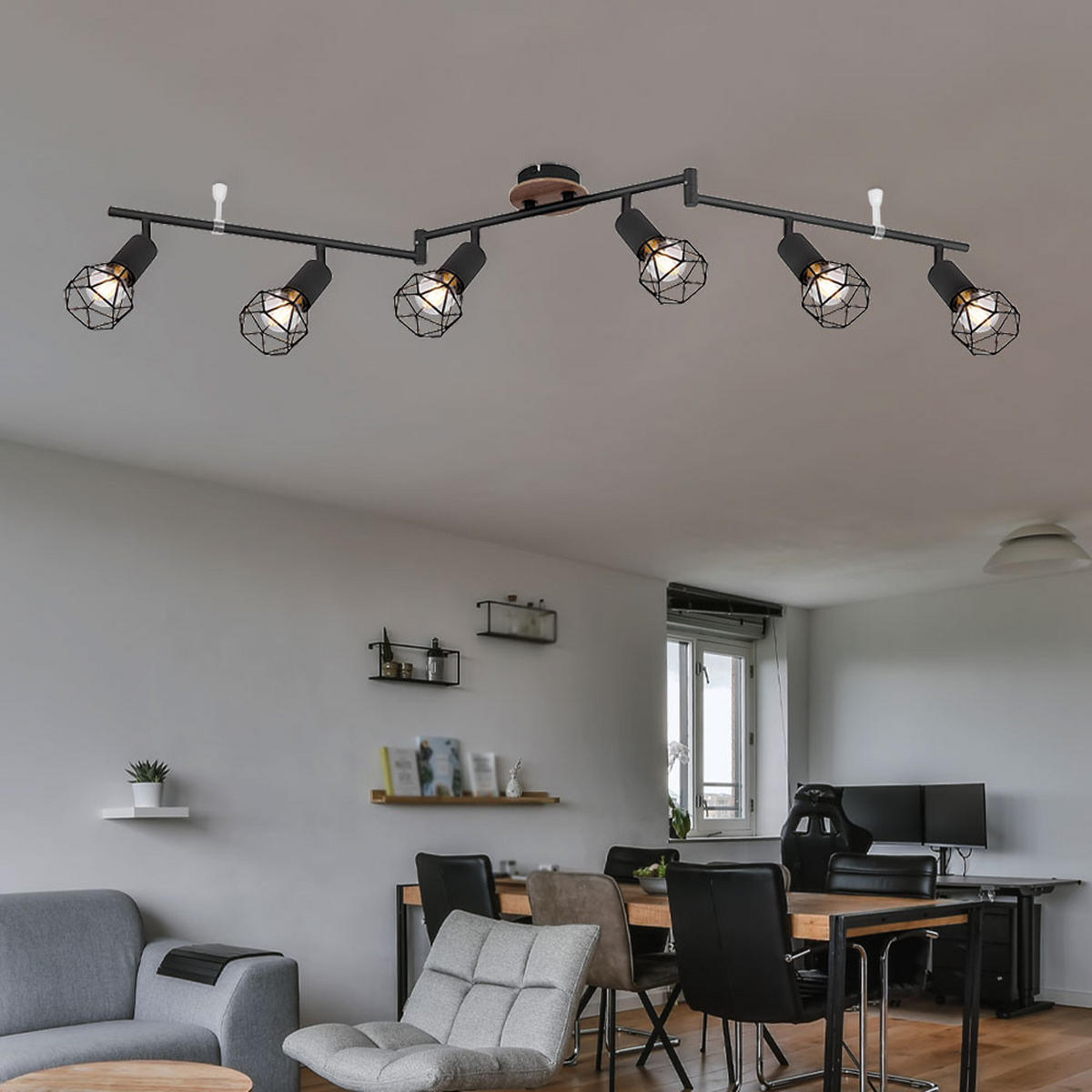 DECKENLEUCHTE Retro Schwarz Drahtgeflecht 6 flammig - Schwarz, Holz (116/10/24.5cm) - Globo Lighting