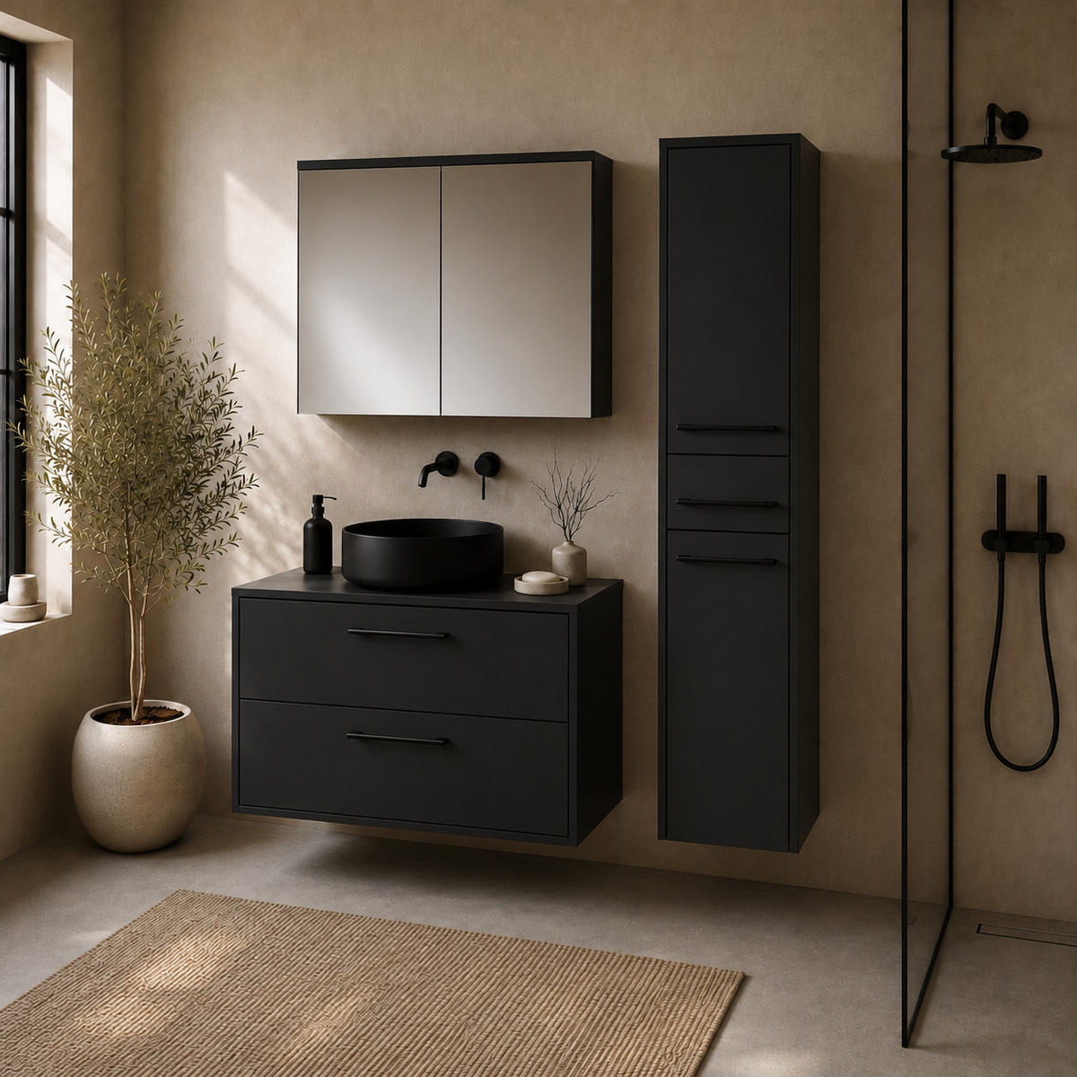 BADMÖBEL-SET Florence 3 Teile Matt schwarz - 80 x 46 x 46 cm - Schwarz, Holz (80/46/46cm) - Badplaats