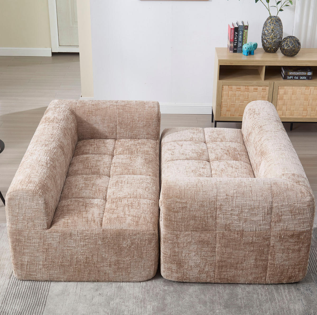 SOFA mit Seitentaschen 158 x 90 cm Chenille Khaki - Braun, Kunststoff (158/60/90cm) - Meubliv