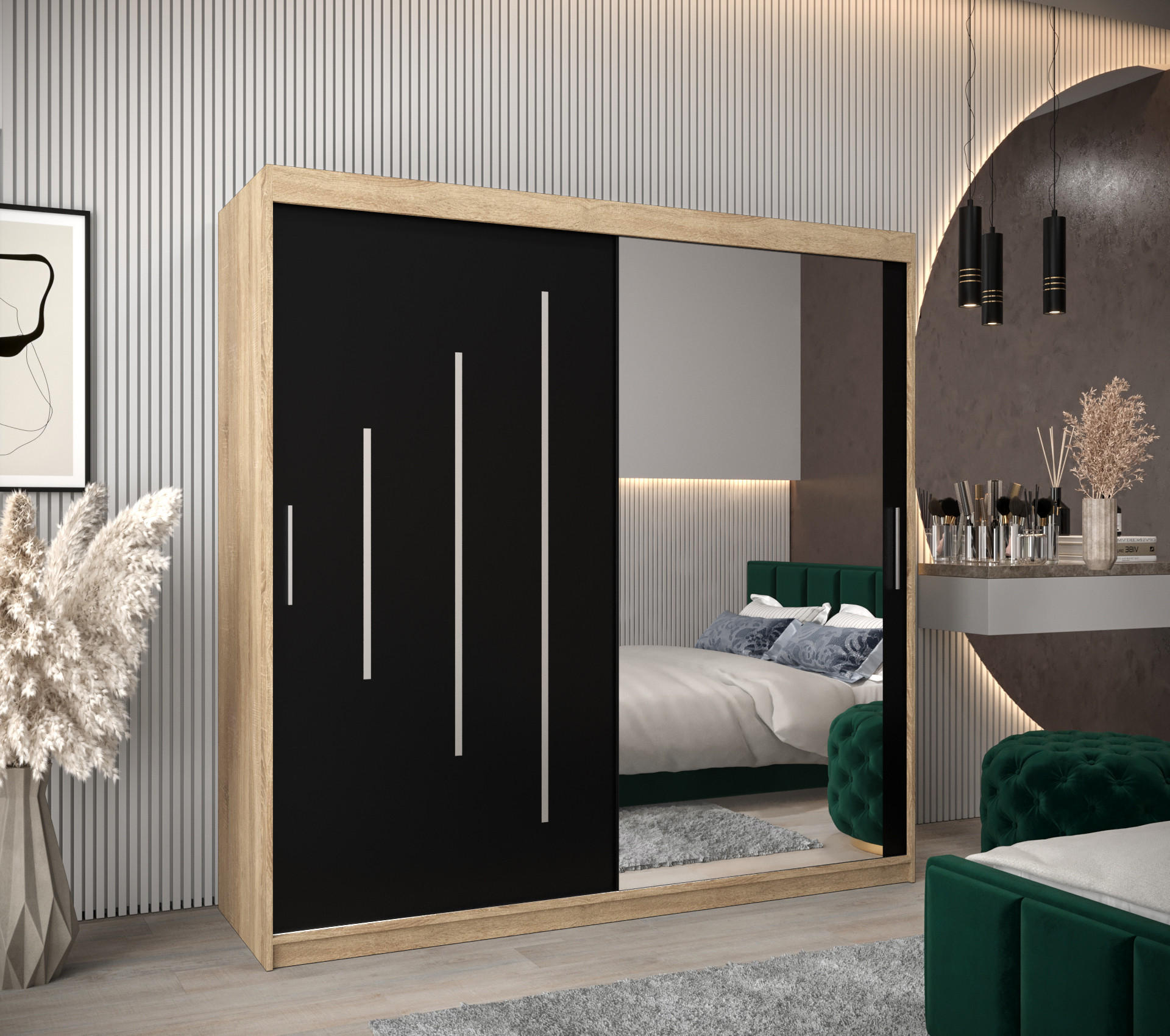 SCHWEBETÜRENSCHRANK 200/200/62 2-türig - Silberfarben/Schwarz, Holz/Kunststoff (200/200/62cm) - Abiks Möbel
