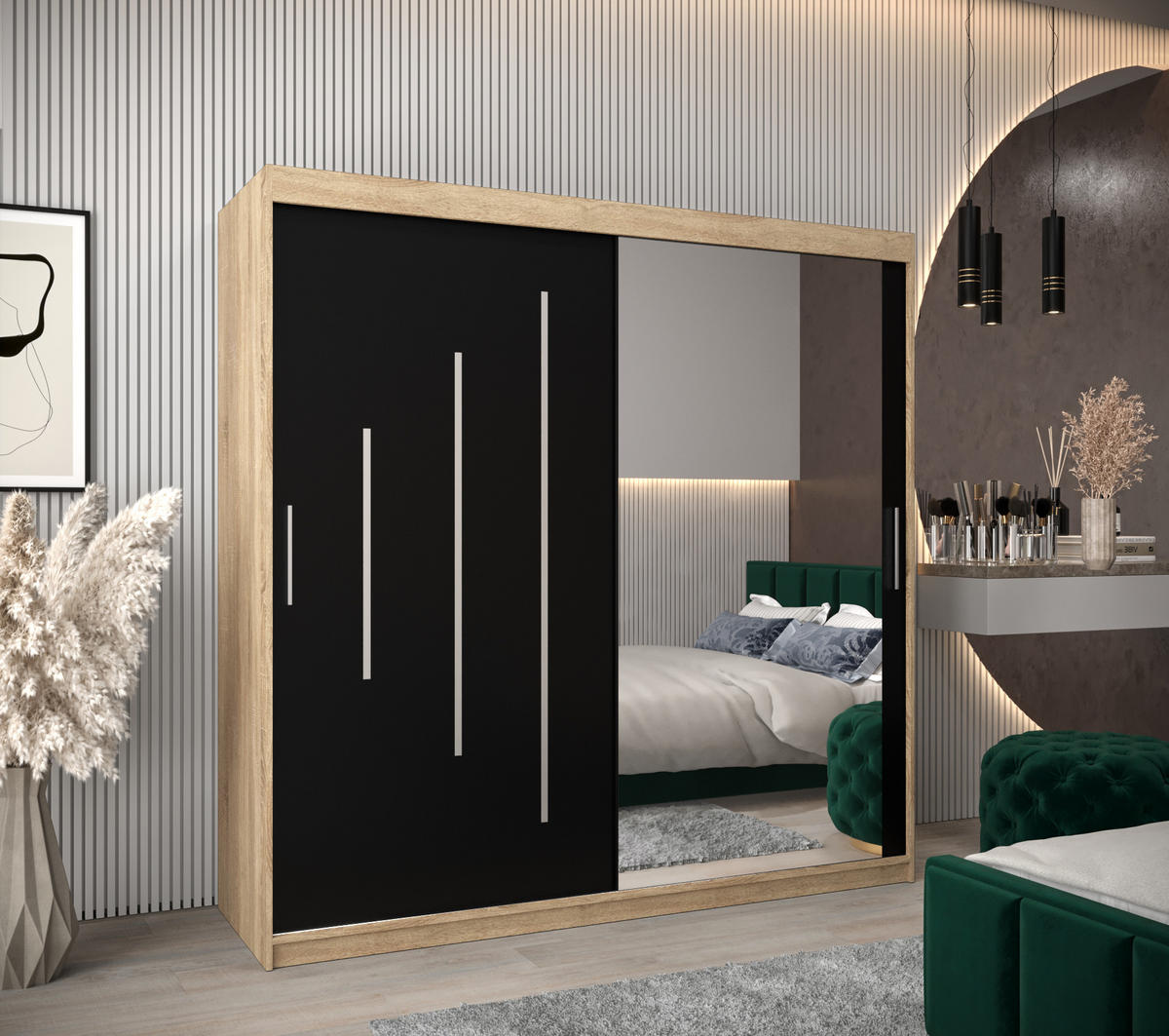 SCHWEBETÜRENSCHRANK 200/200/62 2-türig - Silberfarben/Schwarz, Holz/Kunststoff (200/200/62cm) - Abiks Möbel