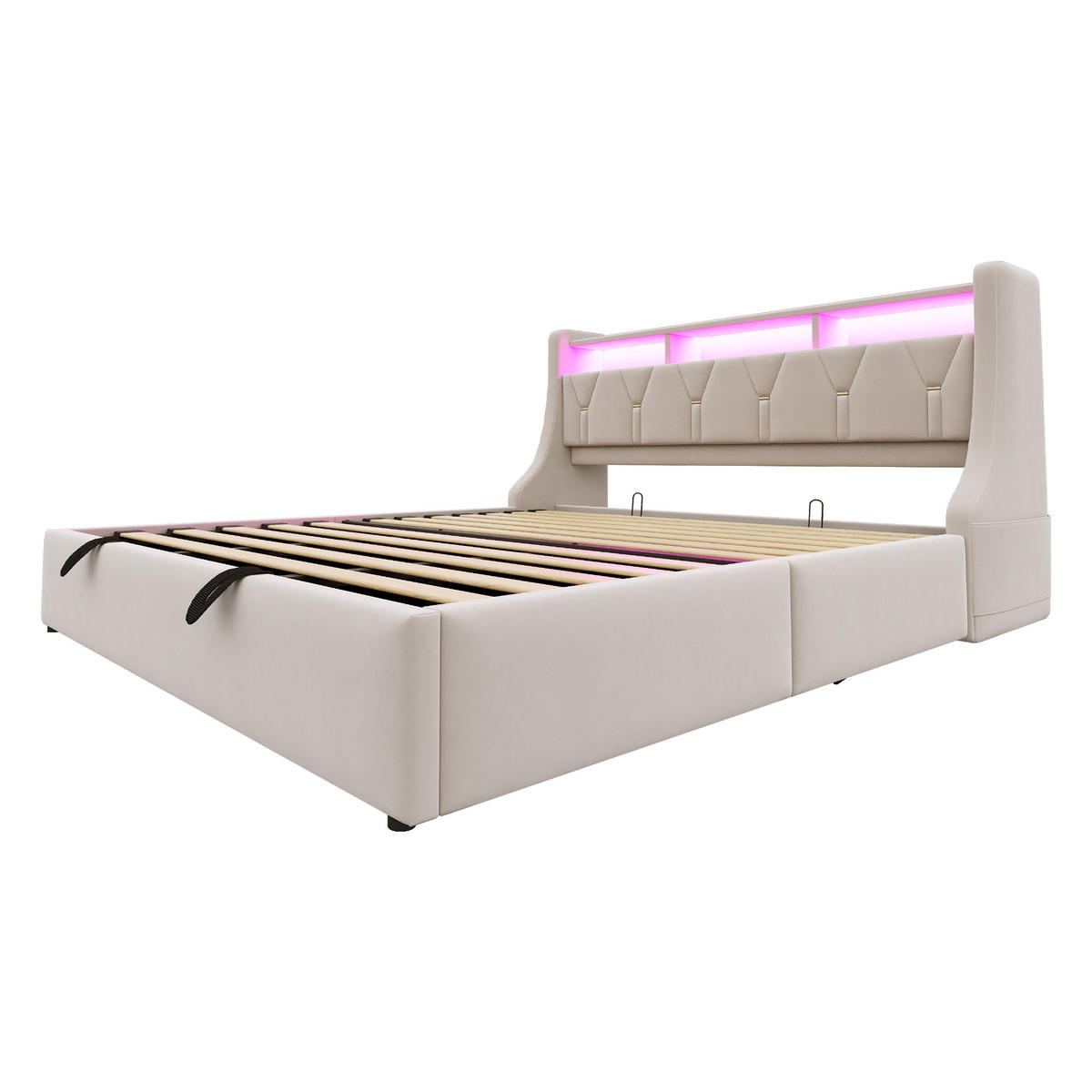 POLSTERBETT 180/200 cm in Beige Samt mit Bettkasten, LED, USB und Type-C - Beige, Holzwerkstoff/Textil (180/200cm) - STILVORA
