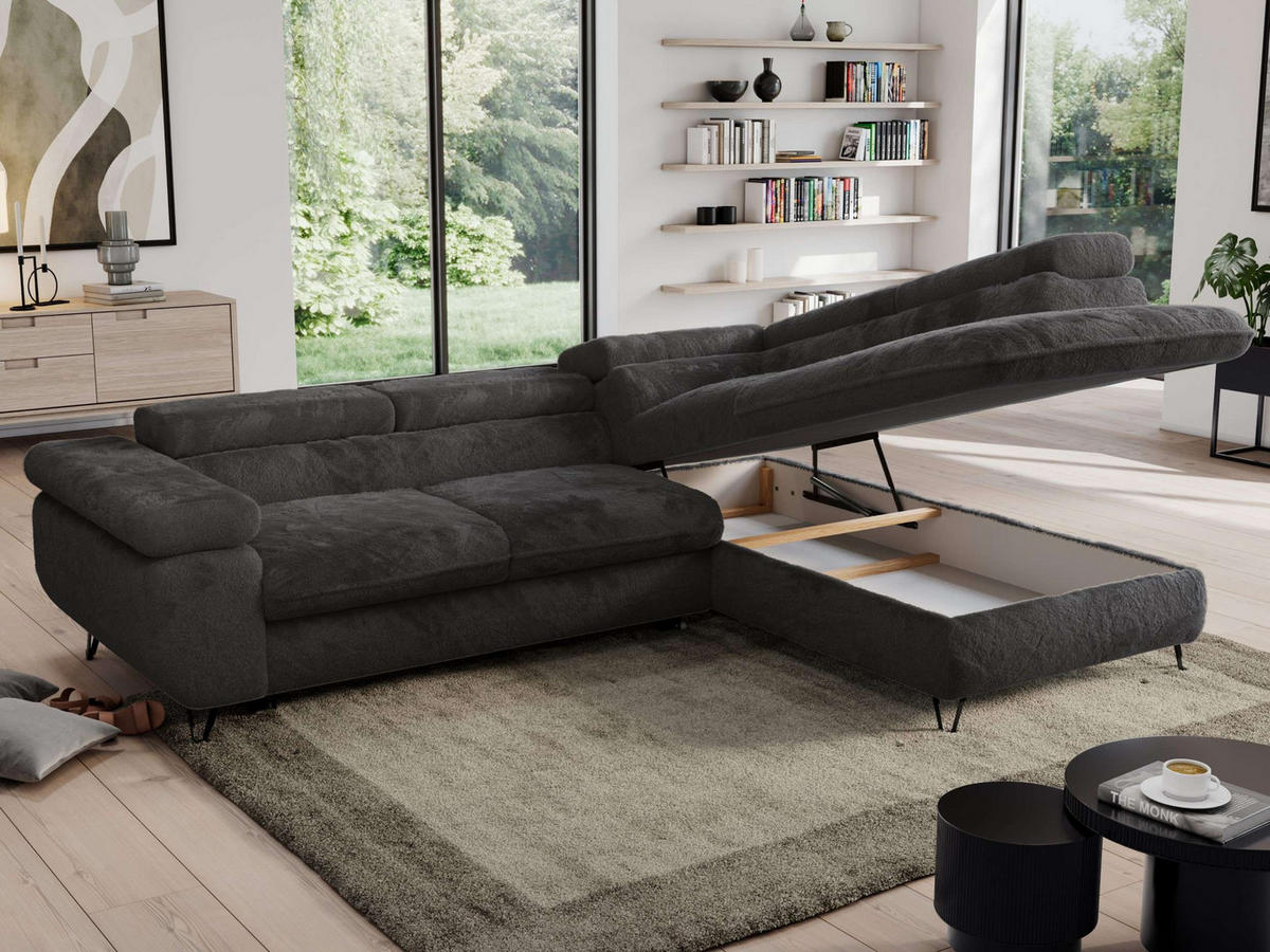 ECKSOFA PEDRO L Anthrazit Plüsch - Rechts Seite - Anthrazit/Schwarz, Textil/Metall (273/208cm) - MKS