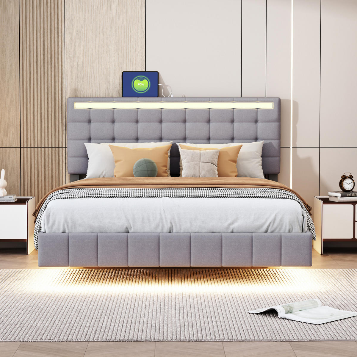 POLSTERBETT 140x200 cm Grau,Doppelbett mit LED,Lattenrost - Grau, Holz/Metall (140/200cm) - PARAFTA HOME