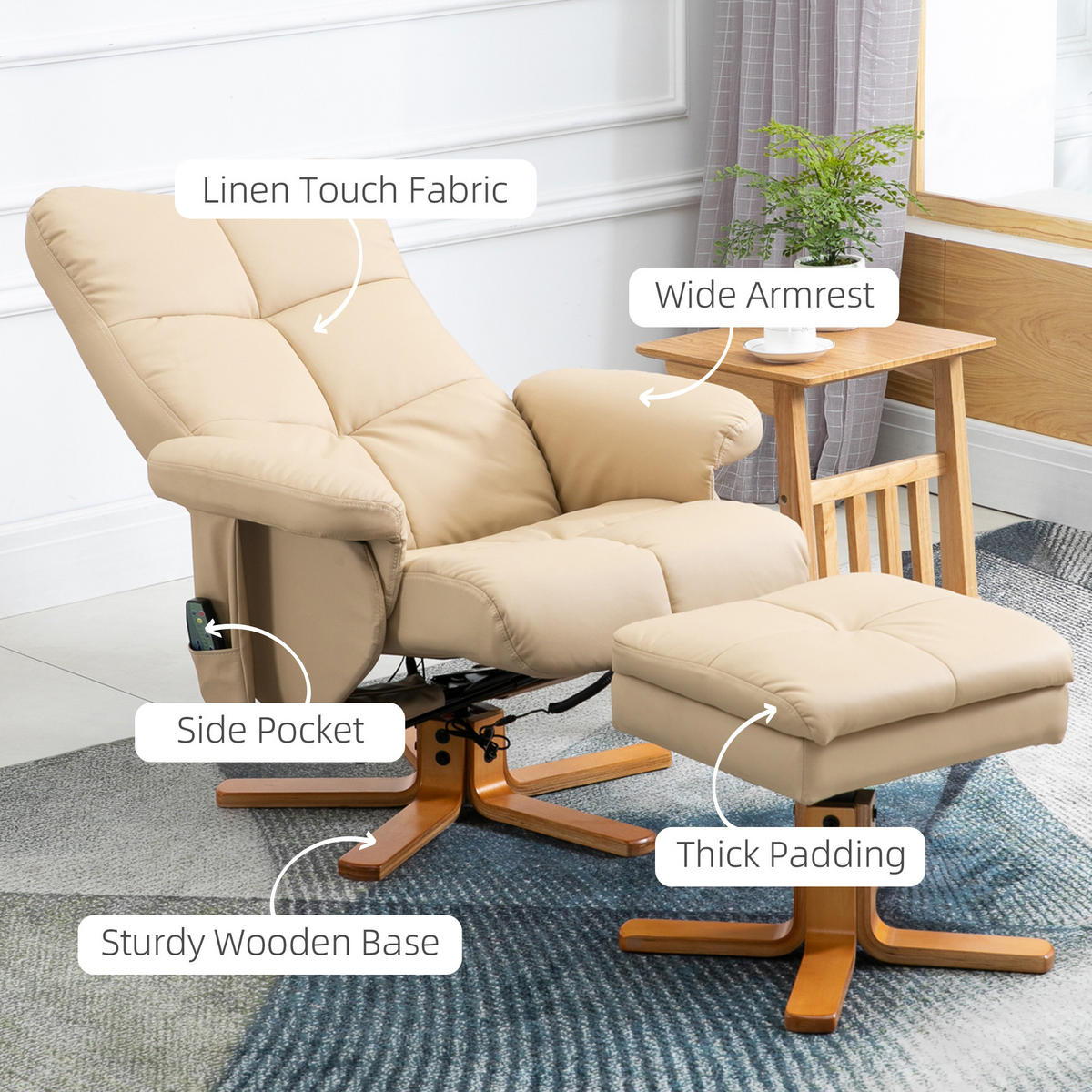 RELAXAČNÍ KŘESLO s funkcí polohování Masážní křeslo s podnožkou Polyester Krémově bílá - krémová/šampaňská, dřevo/kůže (86/99/80cm) - HOMCOM