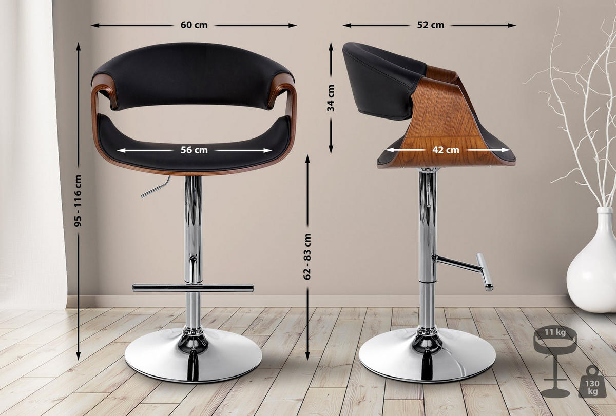 BARHOCKER Lederlook Schwarz - Schwarz, Textil/Metall (60/95/52cm) - CLP