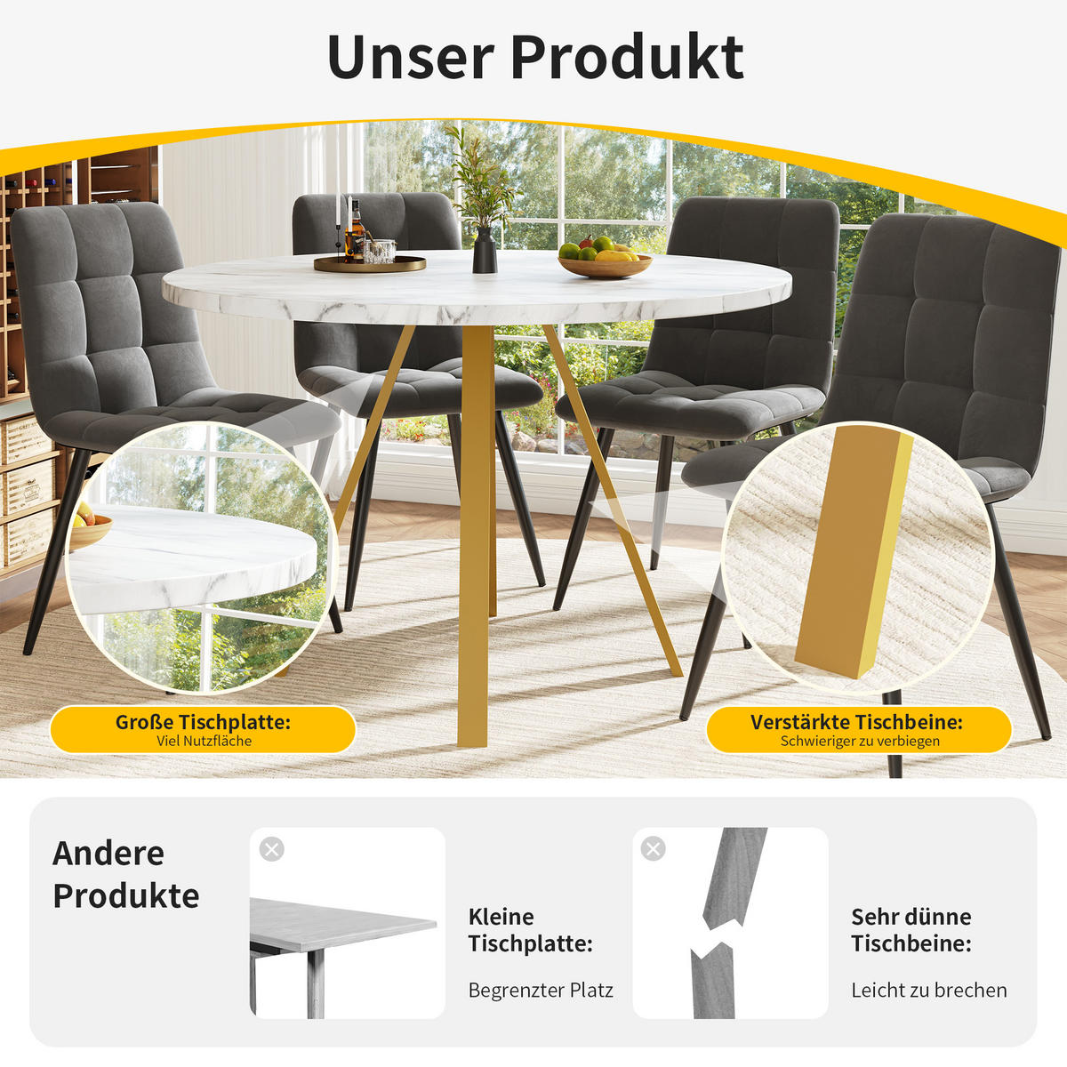 ESSTISCH 80/80/75 cm Weiß Gold runder Tisch aus MDF mit Metallbeinen - Weiß, Holzwerkstoff (80/80/75cm) - OKWISH
