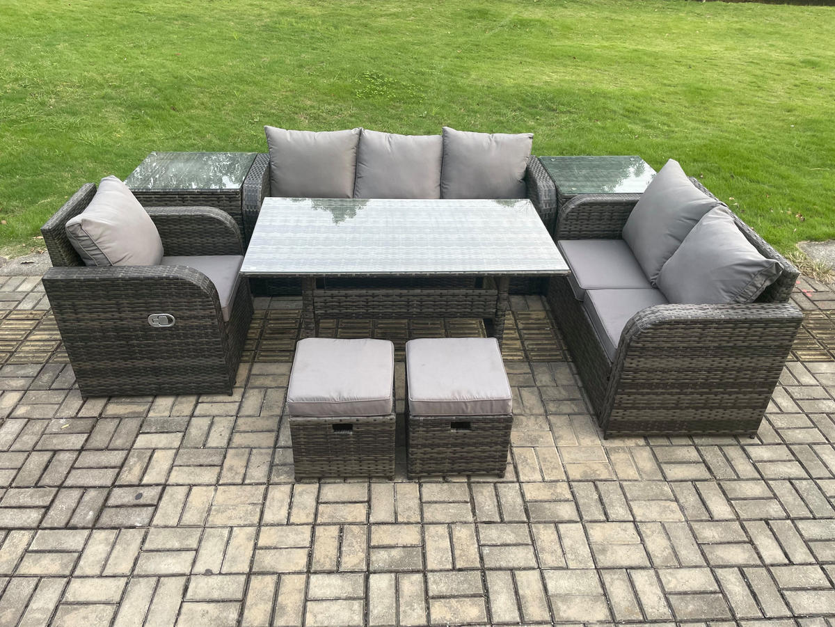 GARTENTISCHGRUPPE mit Liegestuhl,2 Hocker,Beistelltischen Polyrattan 8-Sitzer - Dunkelgrau/Grau, Glas/Kunststoff - Fimous
