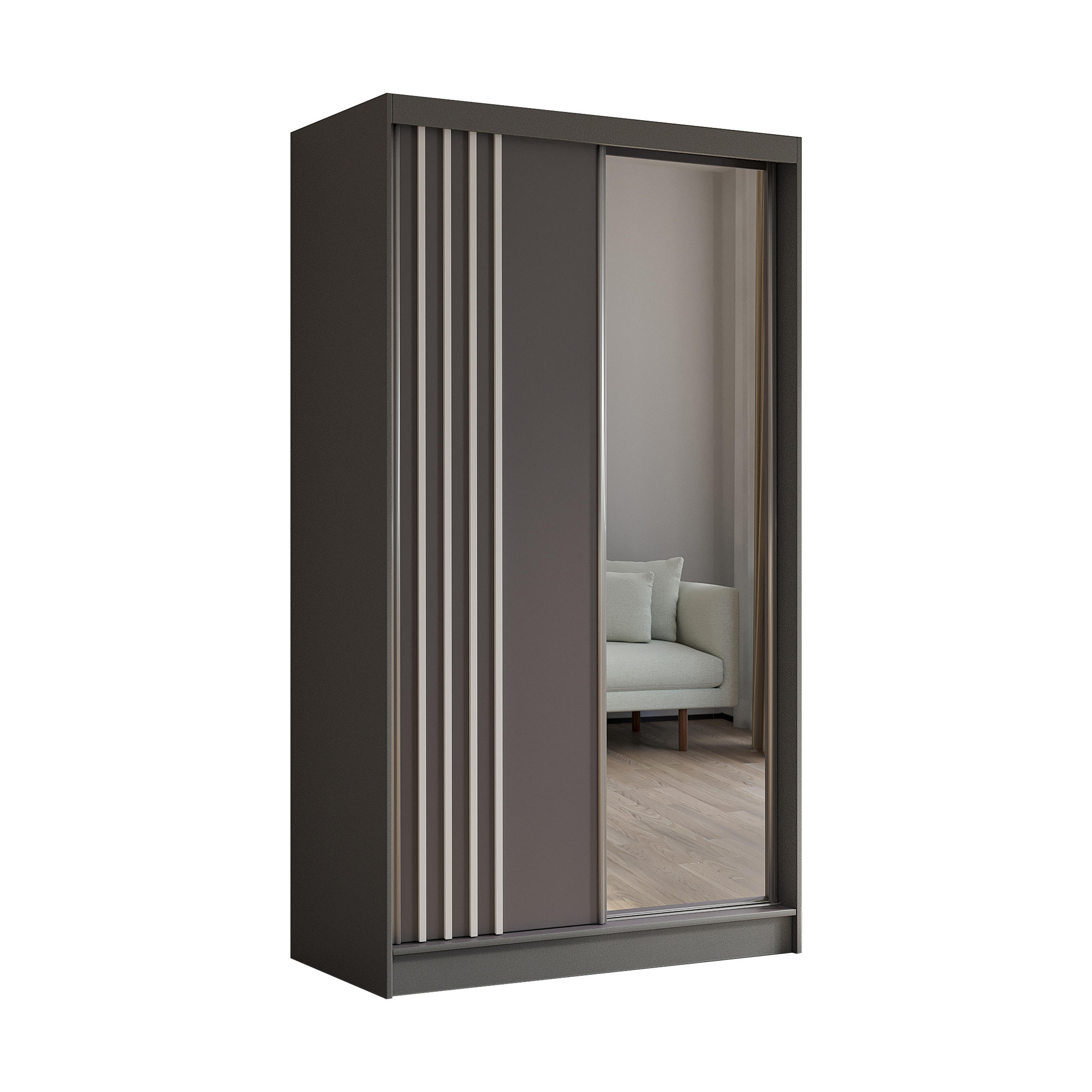 KLEIDERSCHRANK mit Spiegel-Schiebetüren und Aluminium-Leisten, LED-Beleuchtung - NALLA - 120 cm Grau+Grau+Weiß - Weiß/Grau, Holzwerkstoff (120/216/61cm) - ALTDECOR
