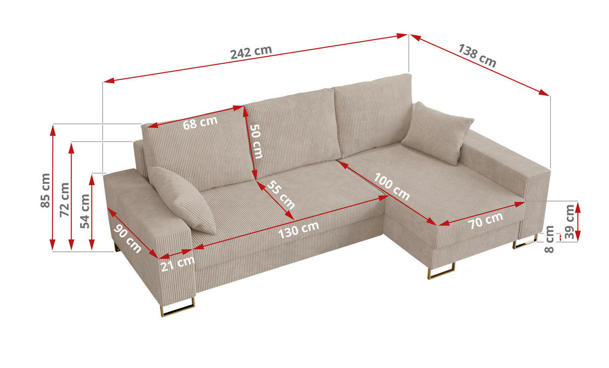 ECKSOFA Dorian Cord Beige - Beige/Goldfarben, Textil/Metall (242/138cm) - MKS