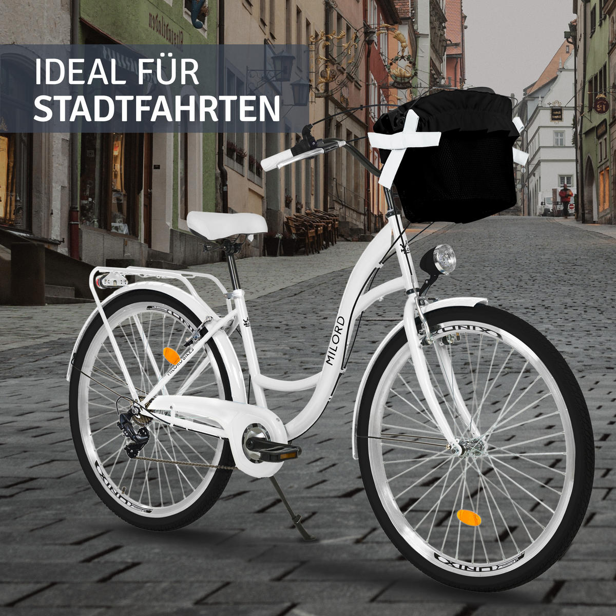 CITY-FAHRRAD Milord mit Metallkorb, 28 Zoll, Weiß, 1-Gang - Weiß, Metall (46cm) - Milordbikes