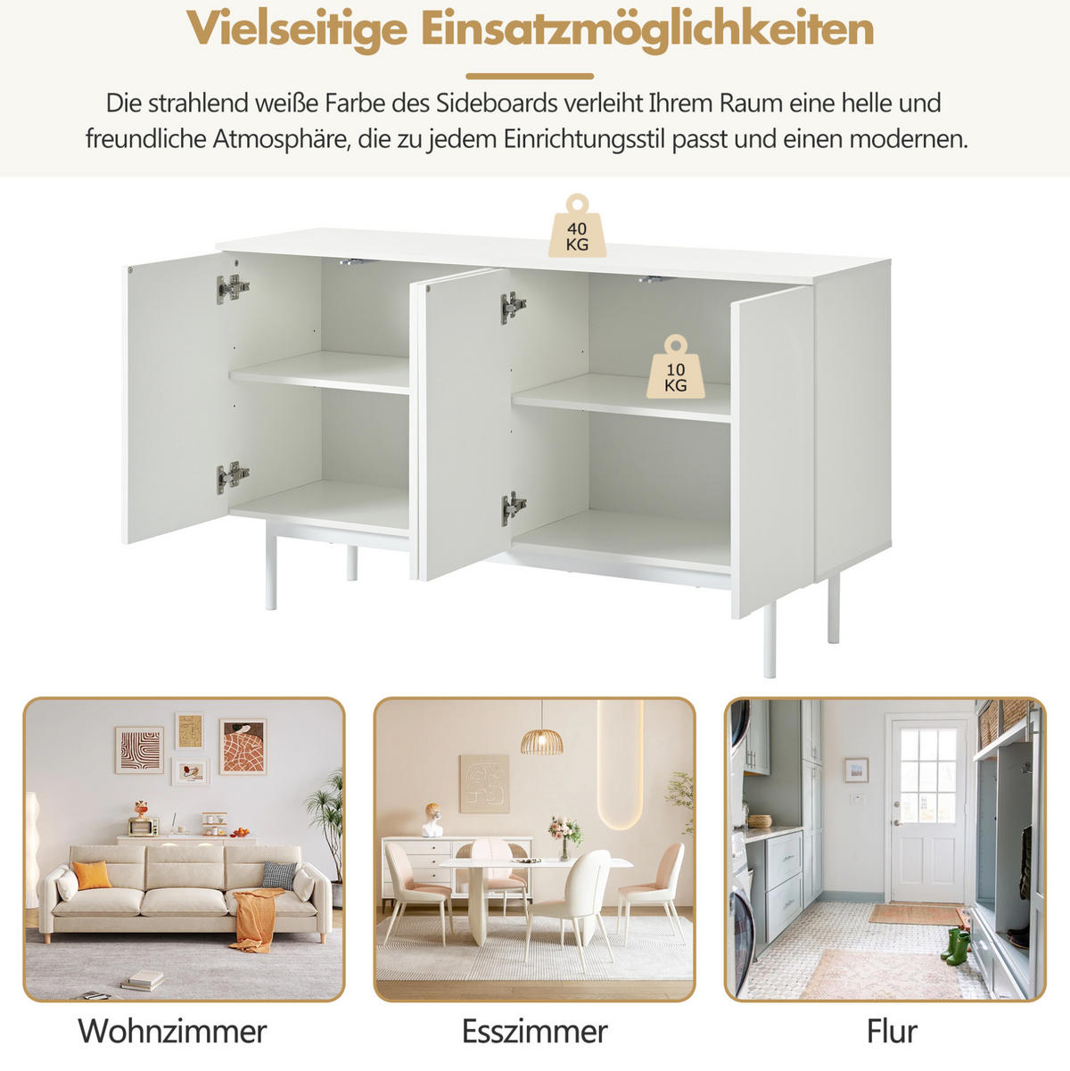 SIDEBOARD aus MDF mit 4 Türen und verstellbaren Einlegeböden Weiß - Weiß, Holzwerkstoff (140/80/42cm) - Modenvie