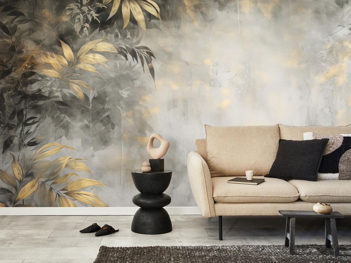 FOTOTAPETE Blätter Beton Abstraktion Vintage 350x256 - Gelb/Beige, Papier (350/256cm) - Muralo