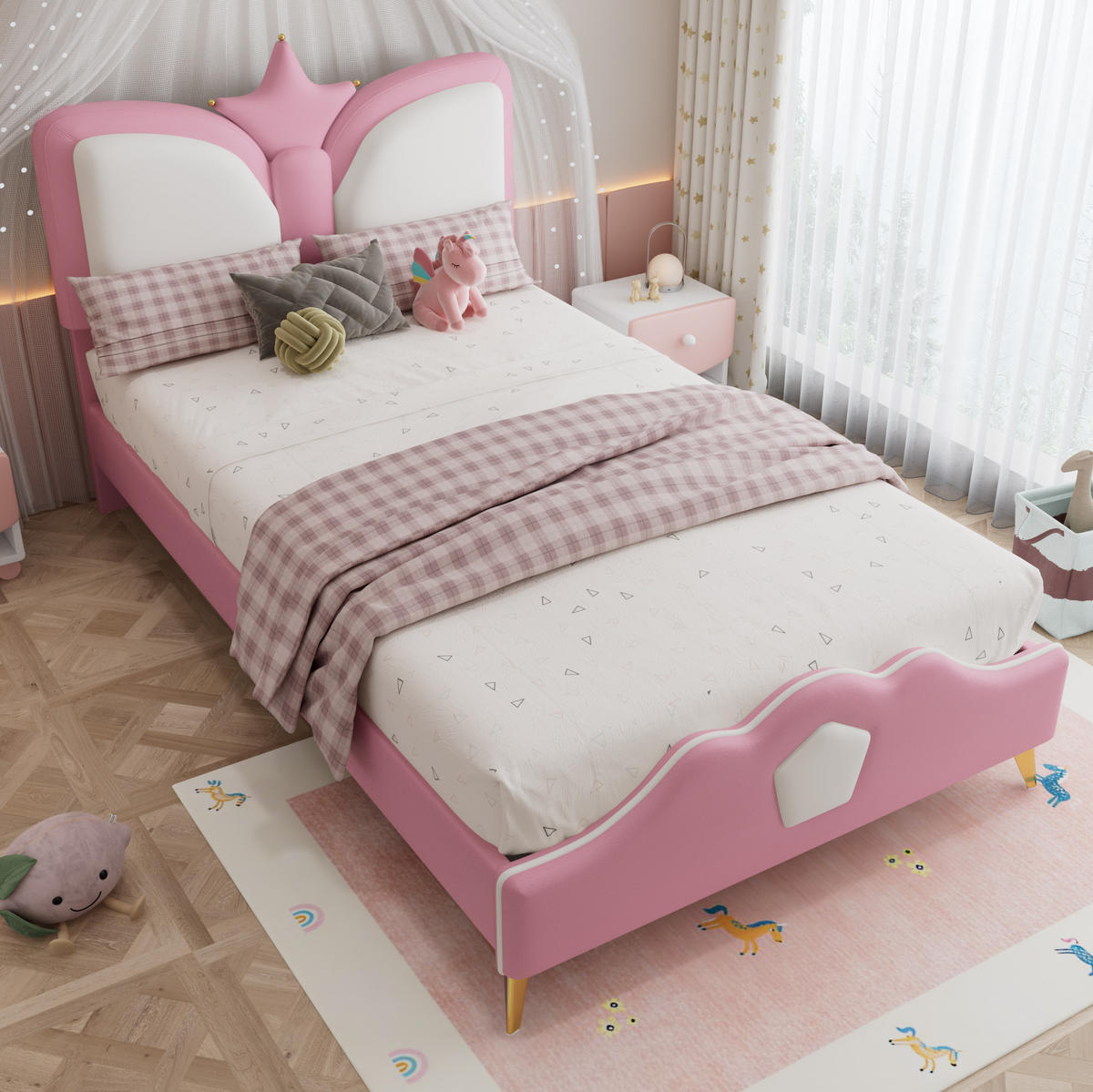 ČALÚNENÁ detská posteľ z PU 208x95,5x104 cm ružovo-biela s korunkovým čelom a mäkkými ochrannými hranami - ružová, plast (90/200cm) - Modfu